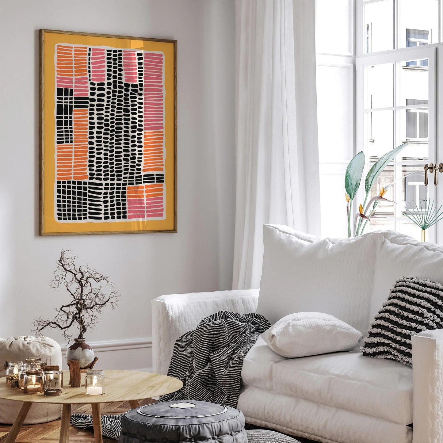 Mid Century Modern Dots Pink Yellow Wall Art