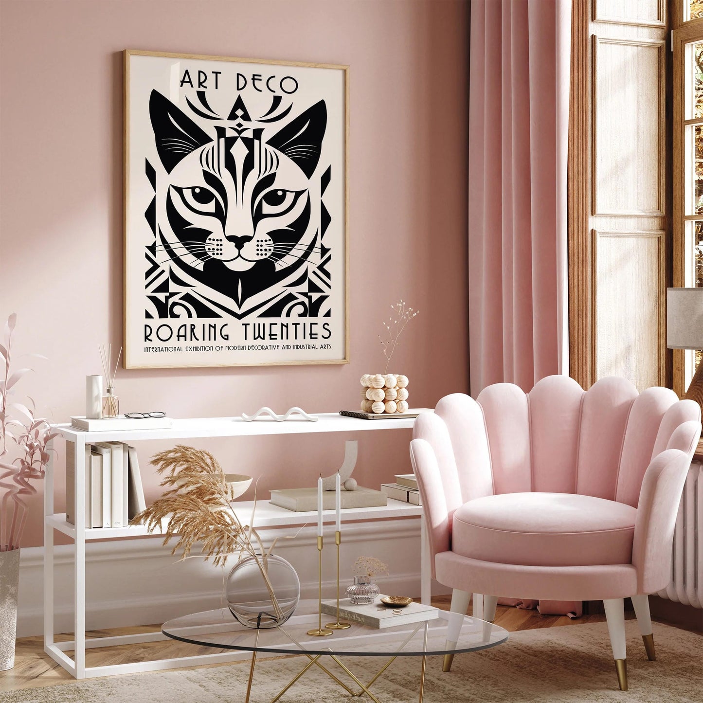 Art Deco Cat Art Print - Black & White Poster