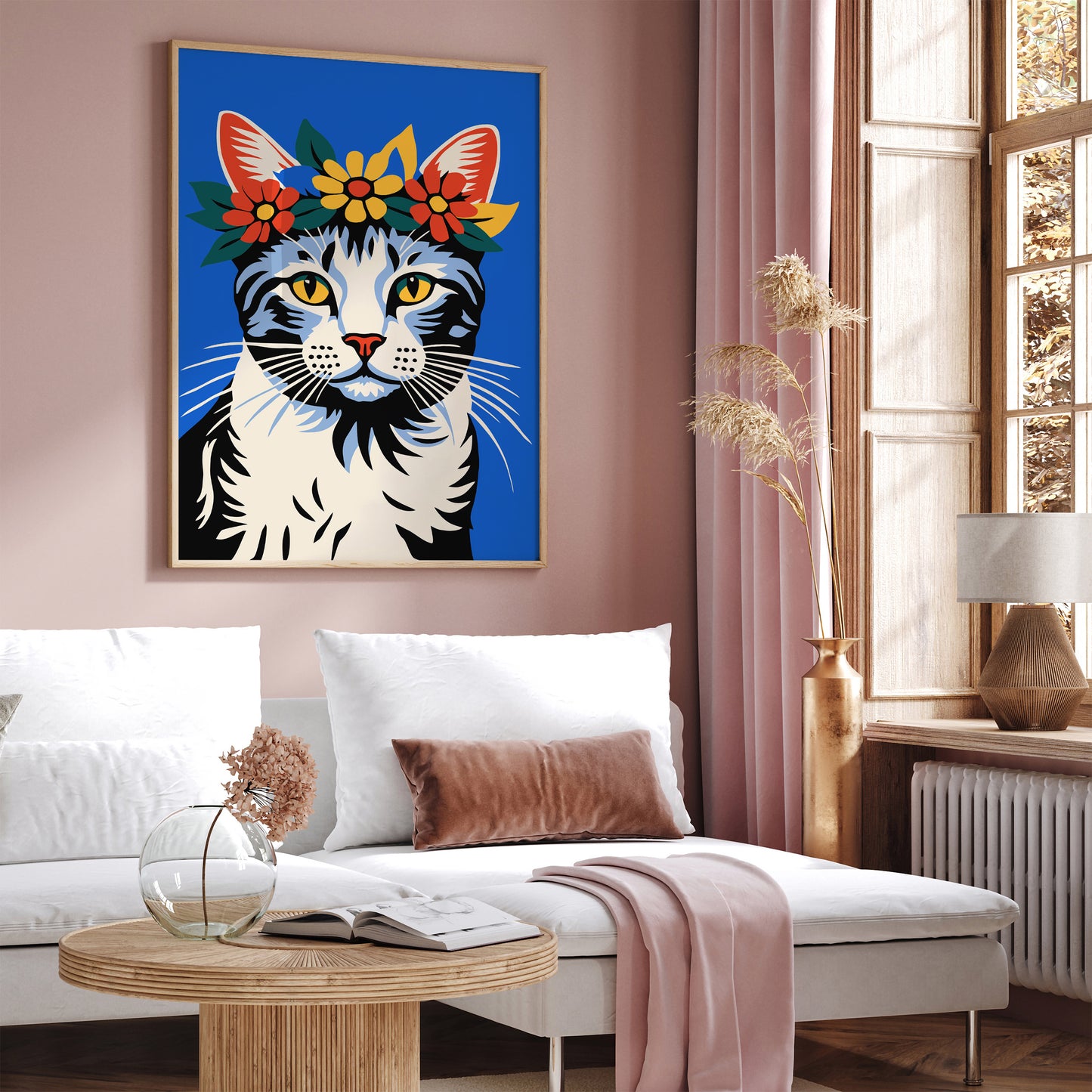 Cat with Flower Crown Blue Art Print