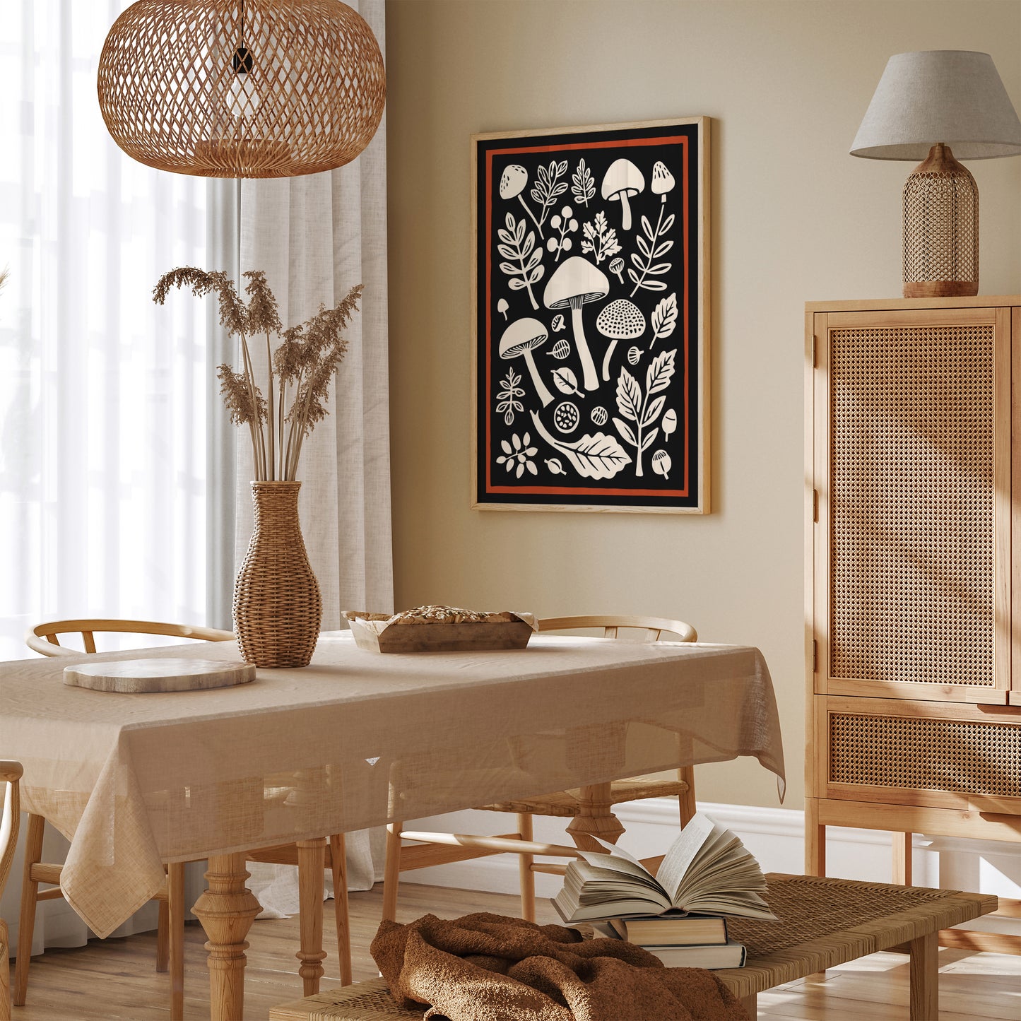 Vintage Forest Mushrooms Black Wall Art