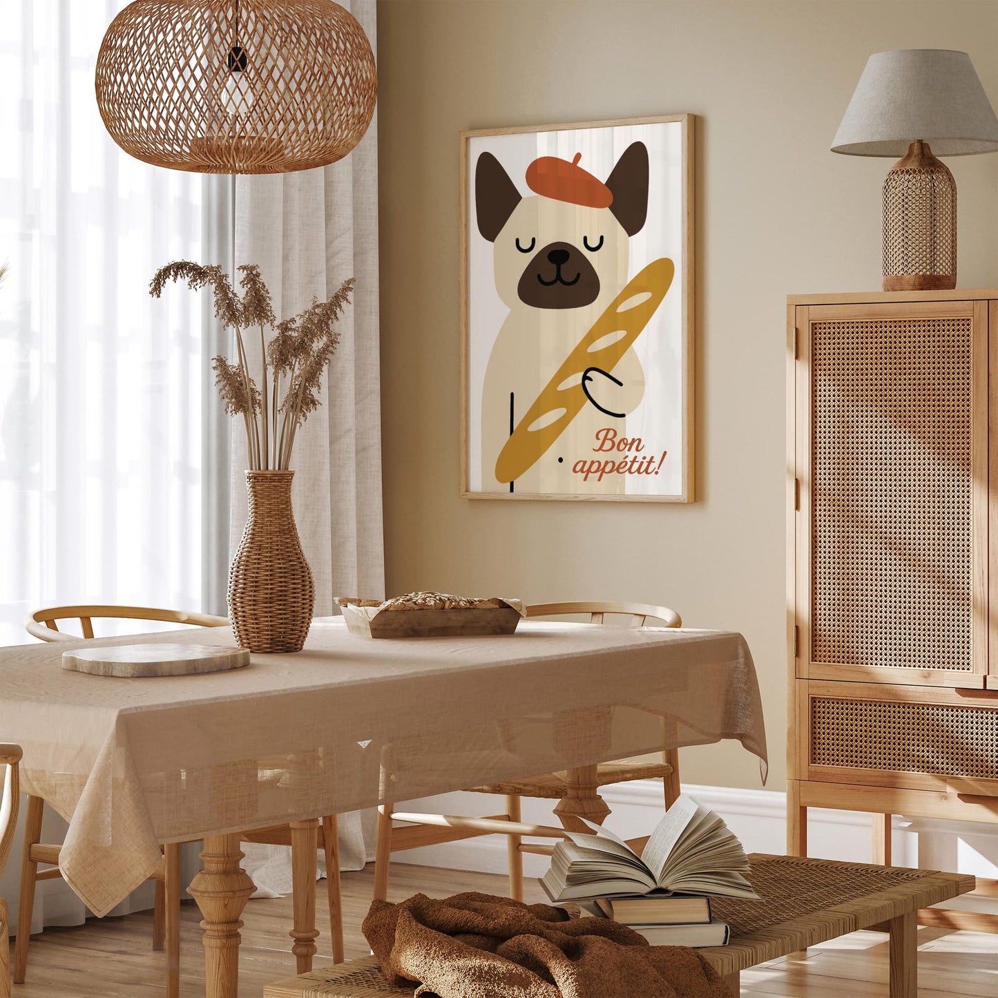 Bon Appetit! Cute Dog with Baguette Poster