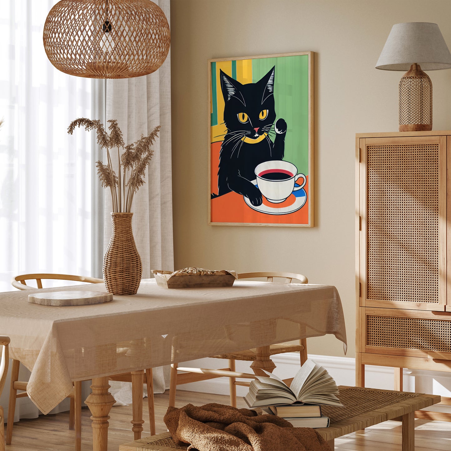 Black Coffee Cat Retro Print