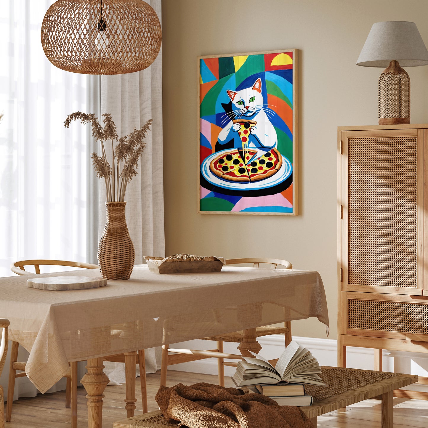 Colorful Cat Eating Pizza Poster