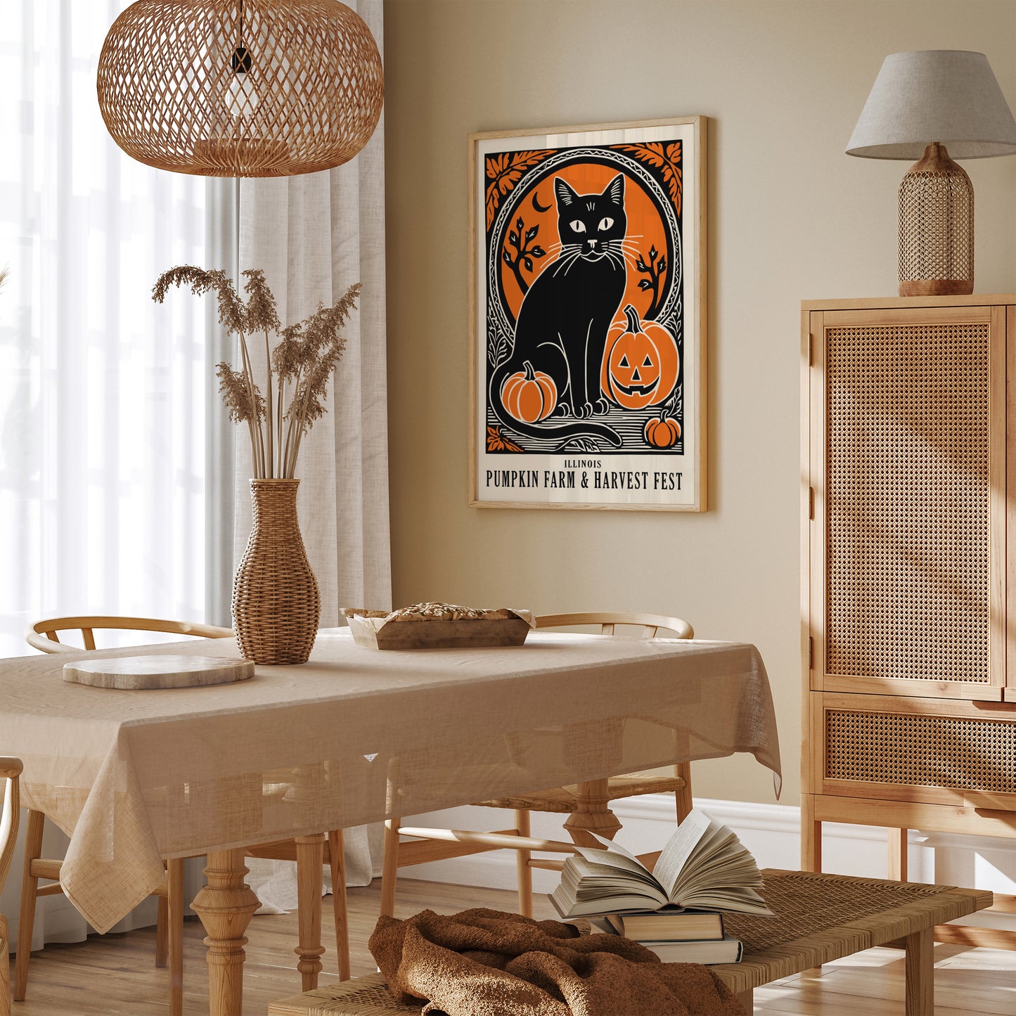 Black Cat and Pumpkin Farm Poster