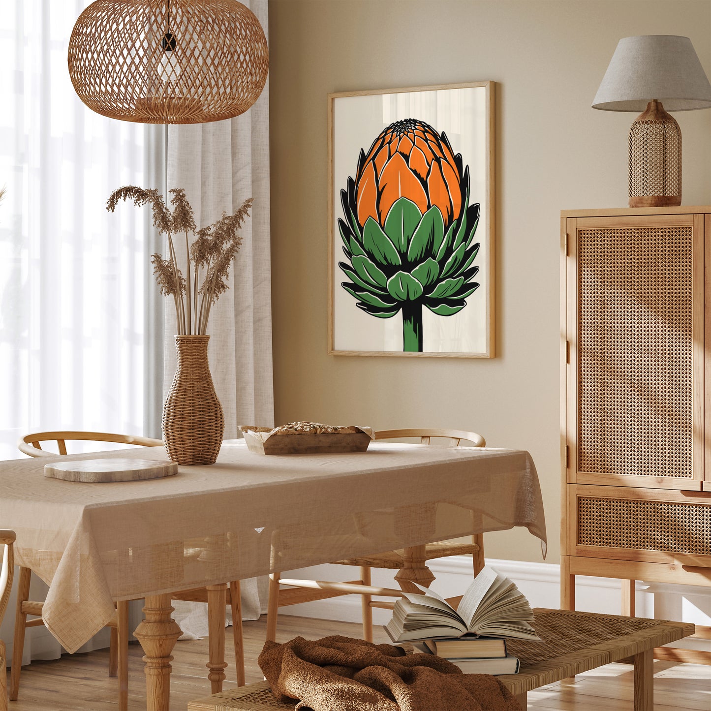 Retro Linocut Orange Green Artichoke Print