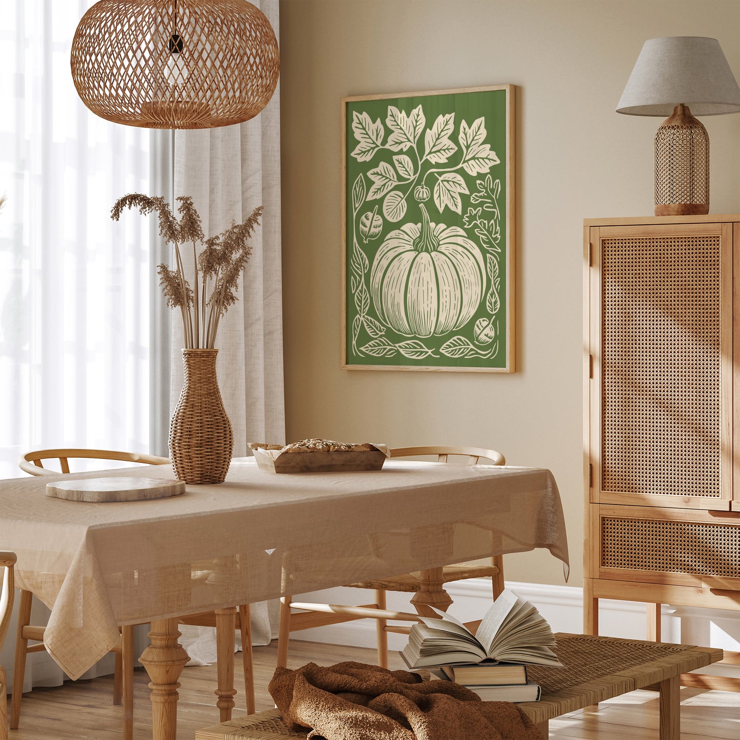 Green Linocut Pumpkin Kitchen Wall Art