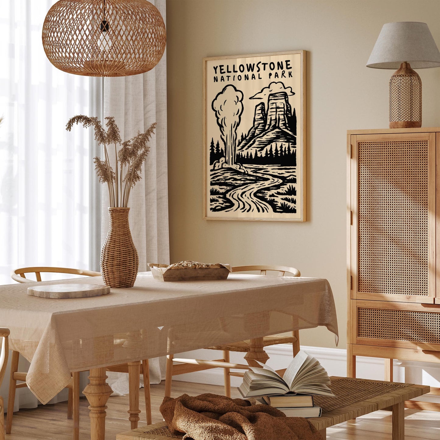 Yellowstone National Park Poster - Black Ink Wall Art