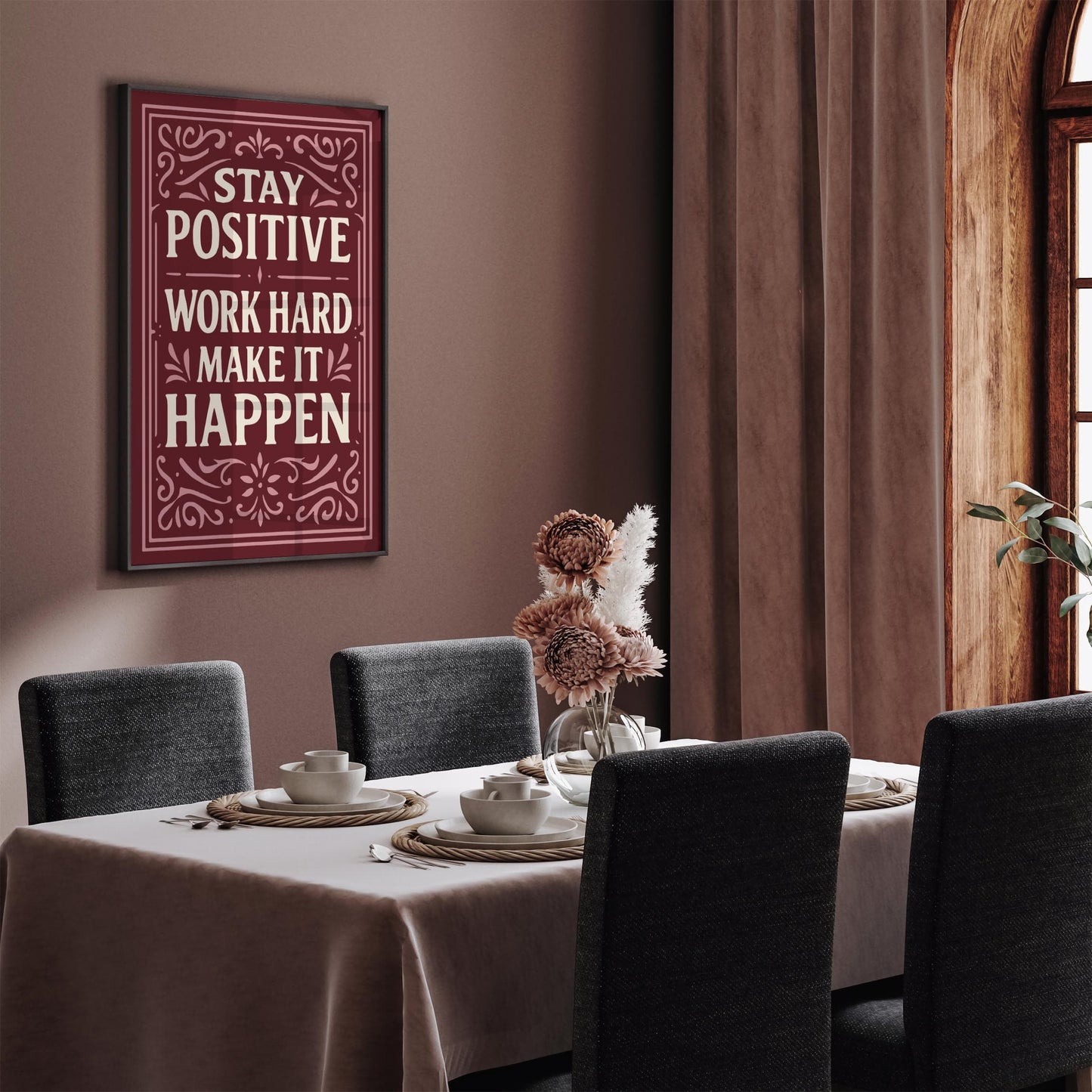 Burgundy Inspirational Print - Work Hard Quote Decor