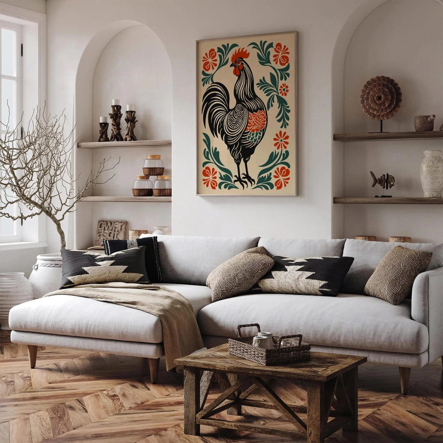 Folk Rooster Kitchen Wall Art – Rustic Farmhouse Decor
