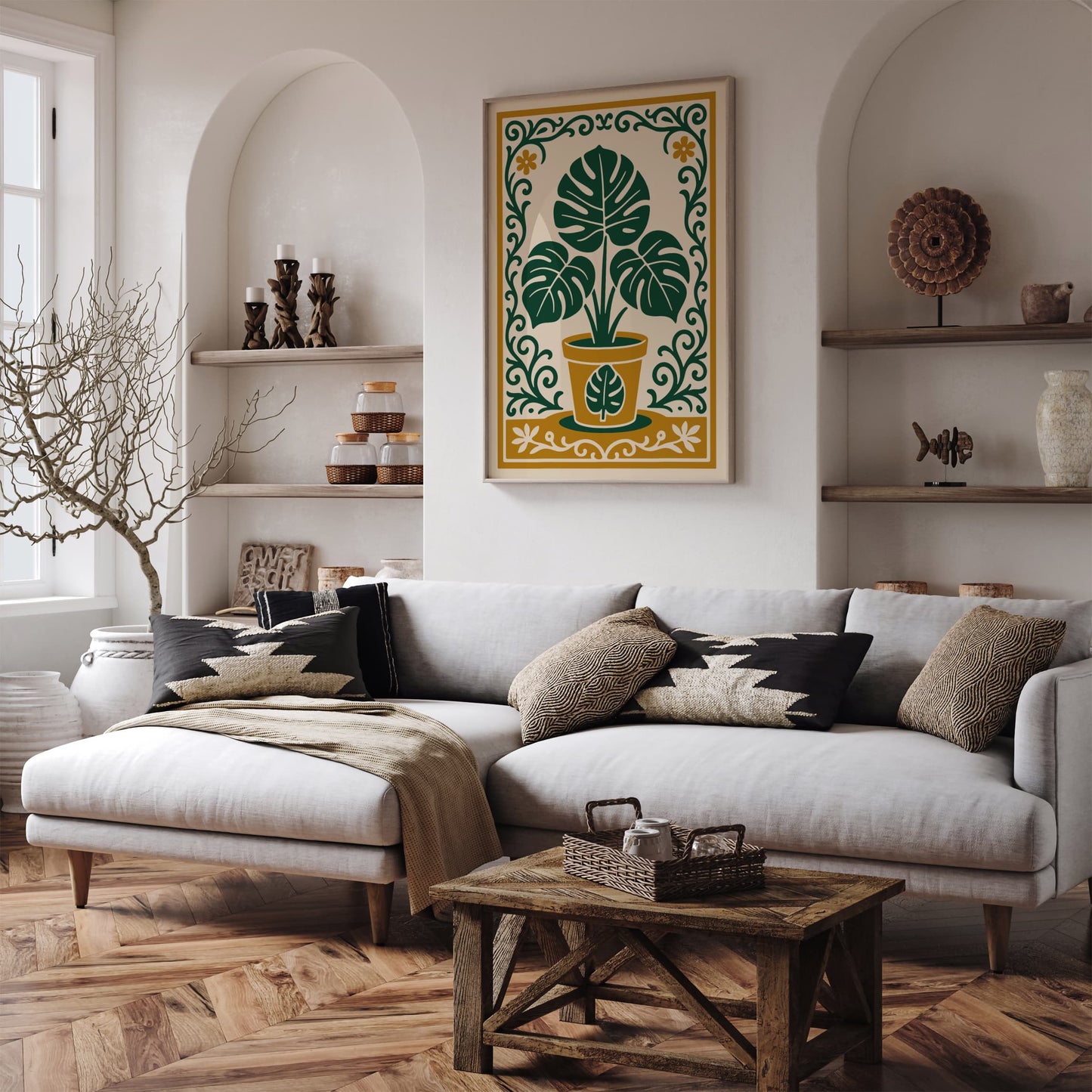 Monstera Plant with Rococo Floral Ornament - Botanical Wall Art Print