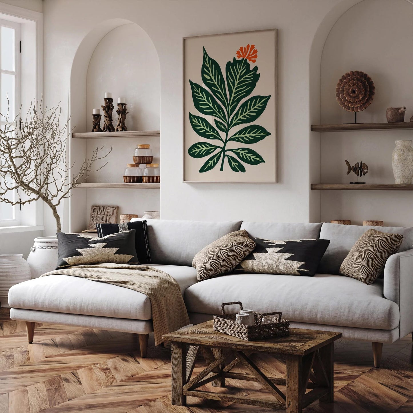 Hand-Drawn Botanical Poster,Vintage Style Green Leaf
