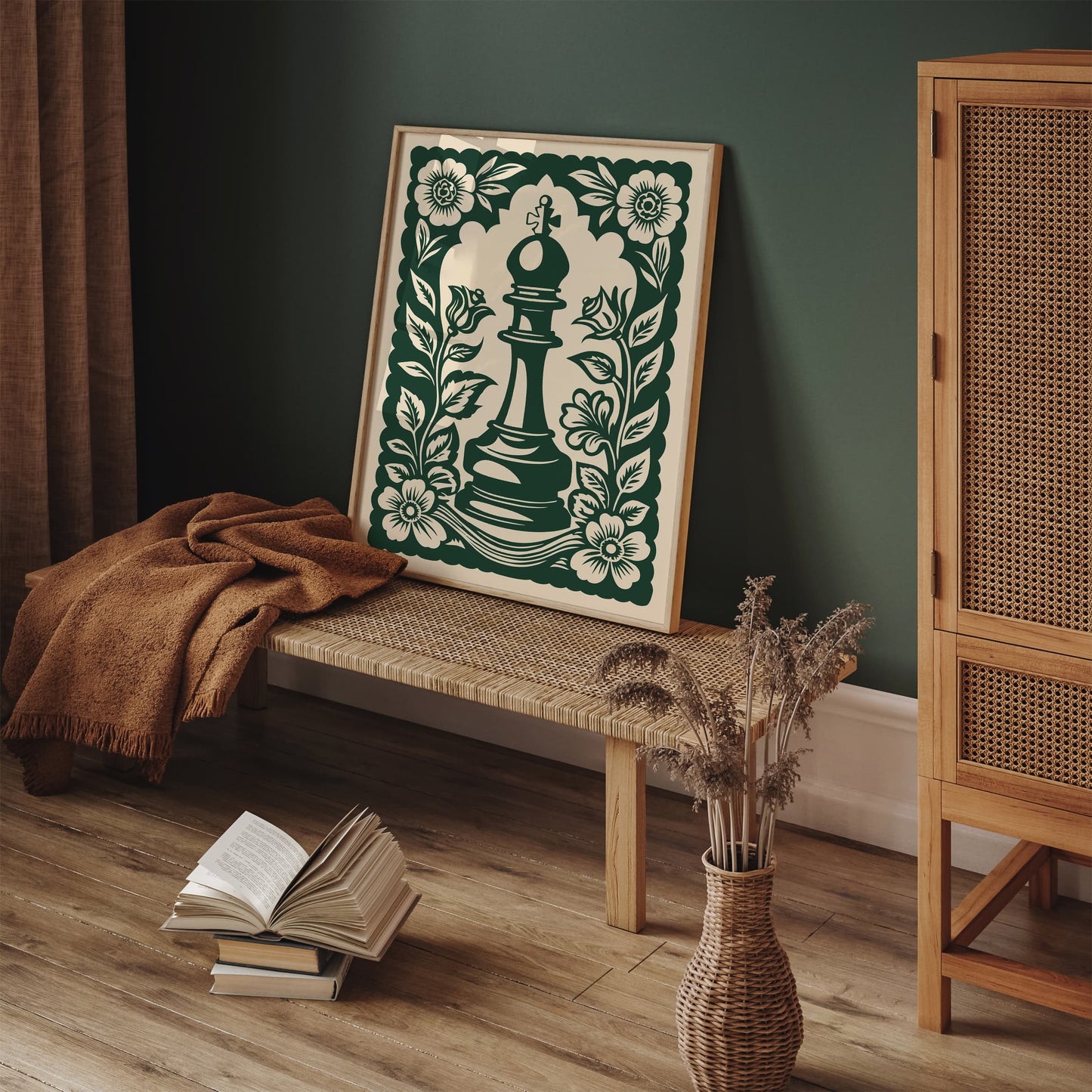 Green Linocut Chess Piece Poster
