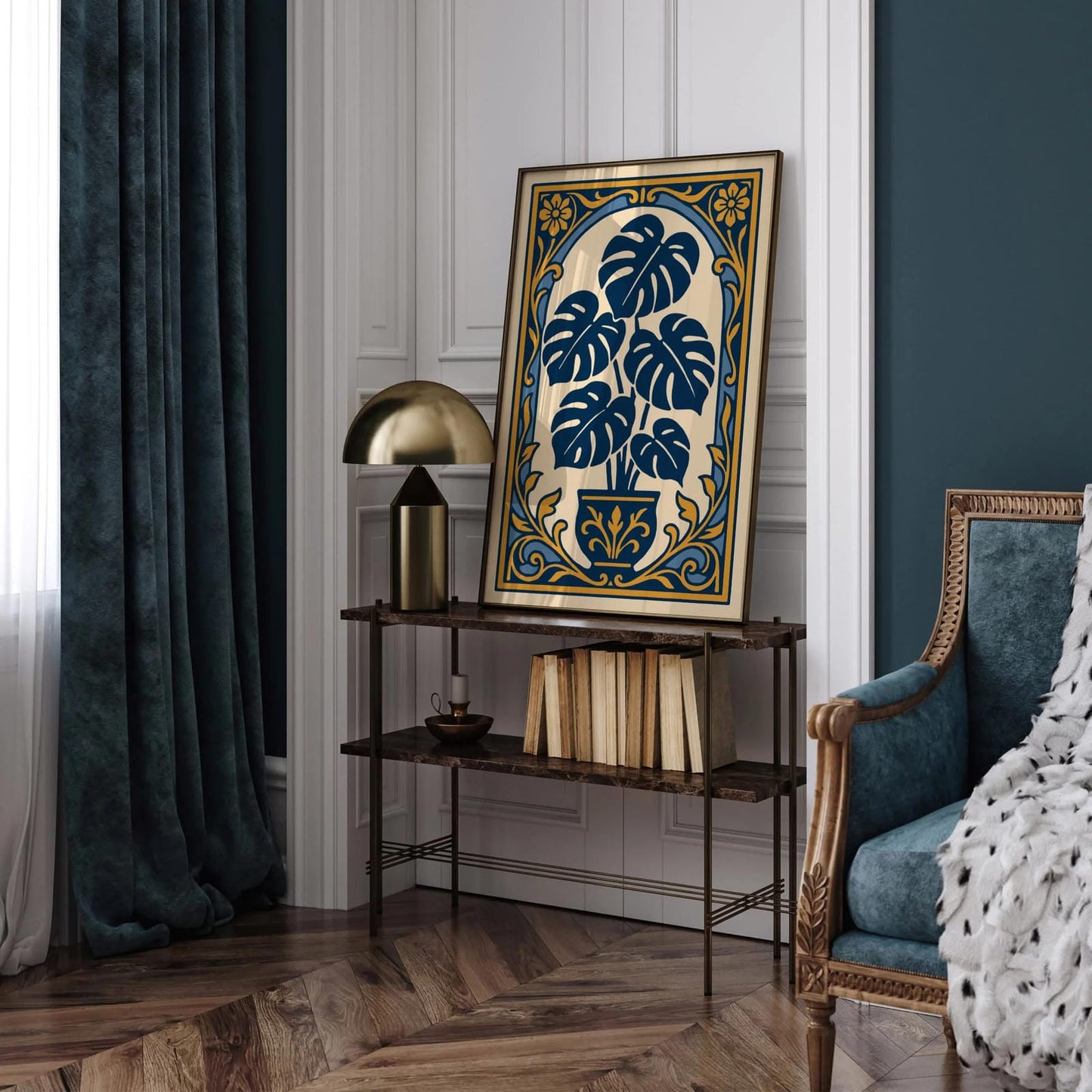 Blue Monstera Plant Art Print - Rococo Revival Style