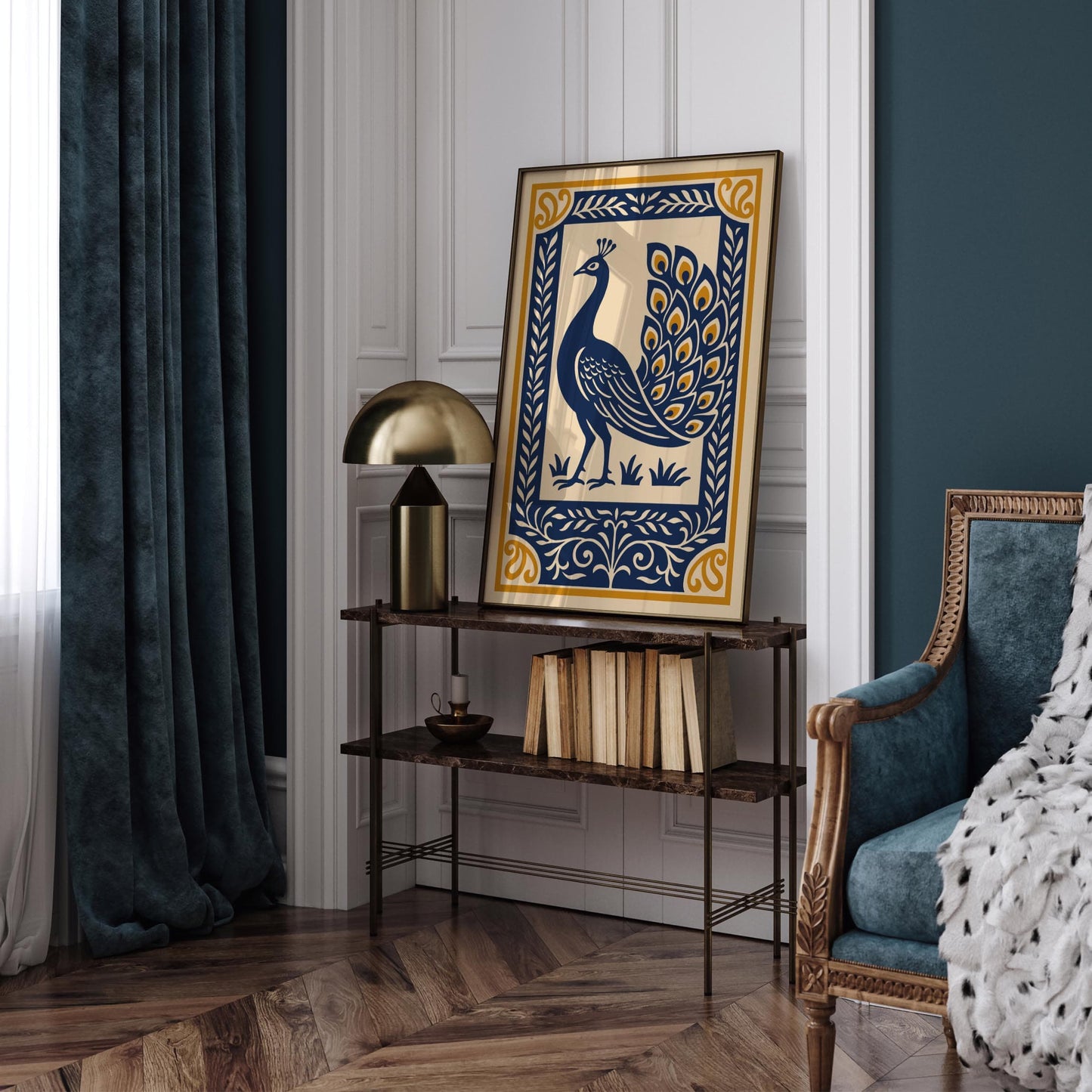 Navy Blue Peacock Art Print – Elegant Rococo Style Wall Art
