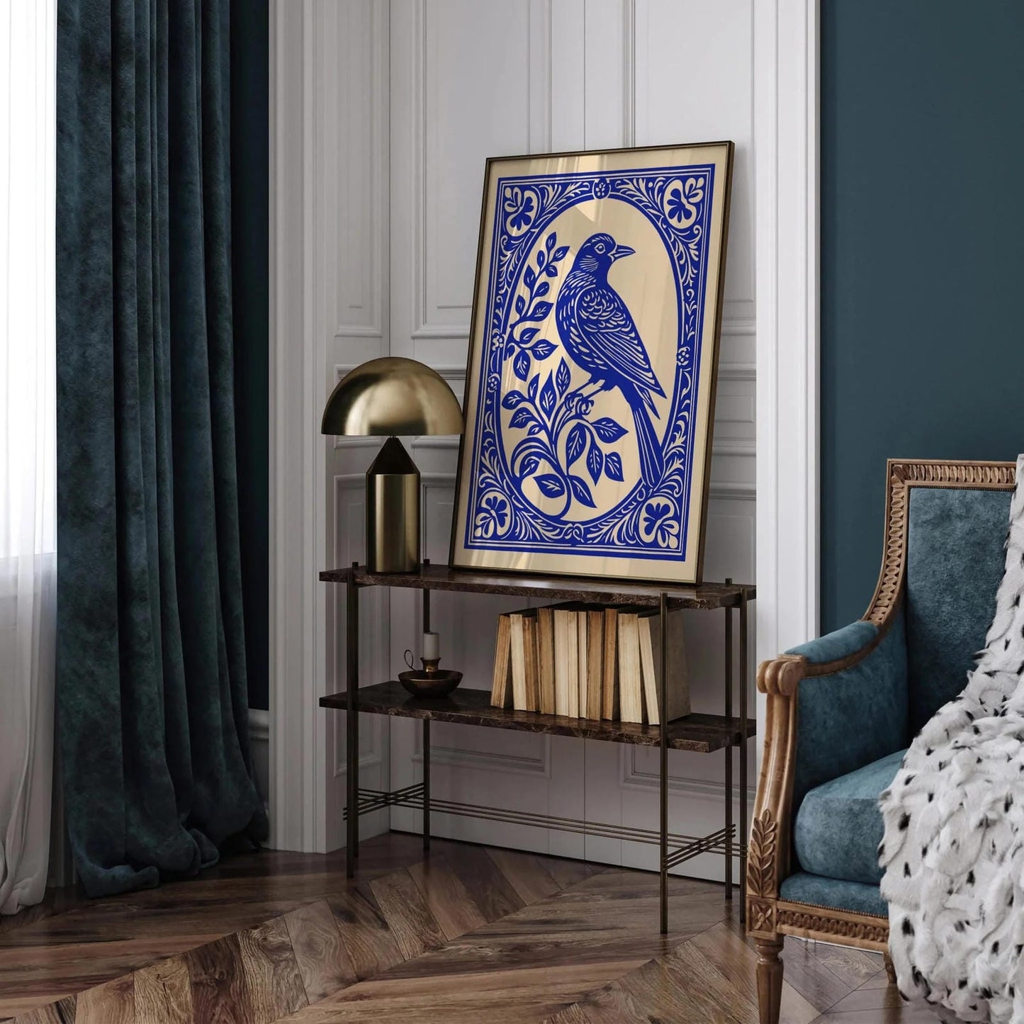 Blue Indigo Bird in Rococo Floral Frame Poster