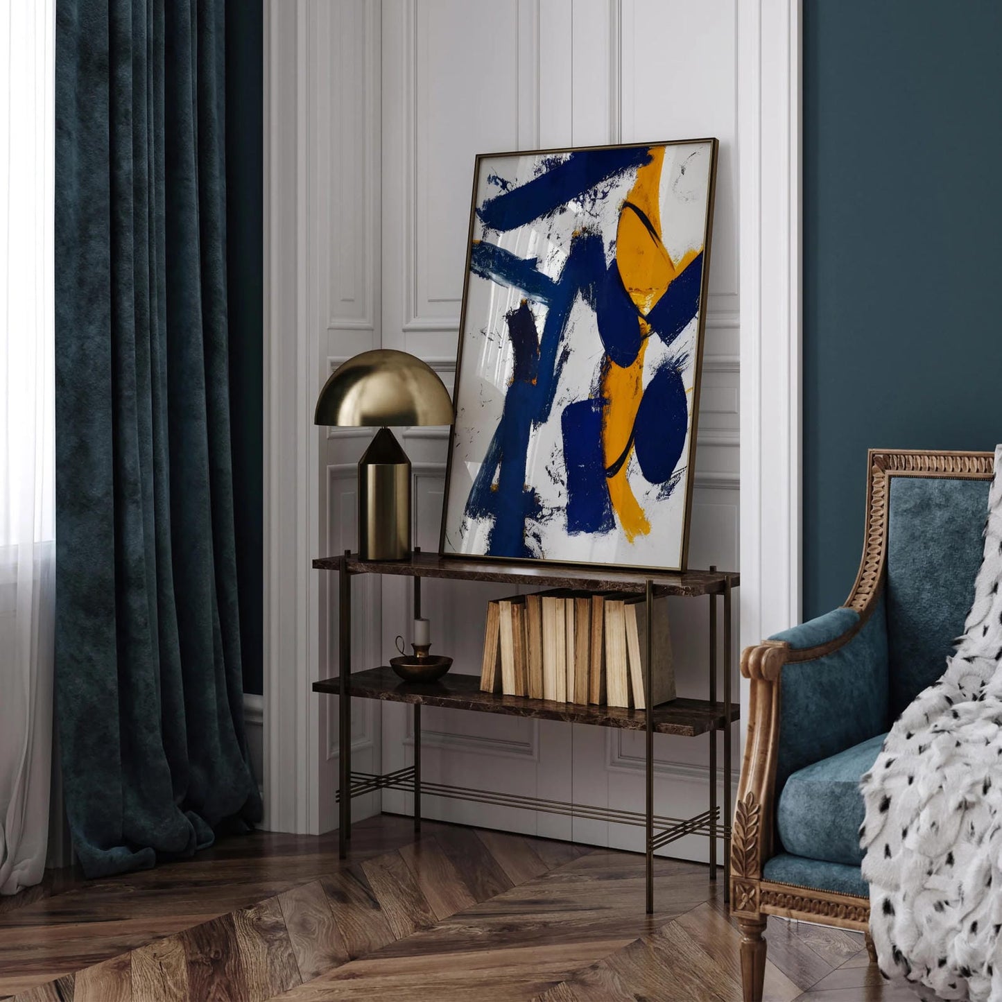 Navy Blue and Yellow Abstract Painting Print