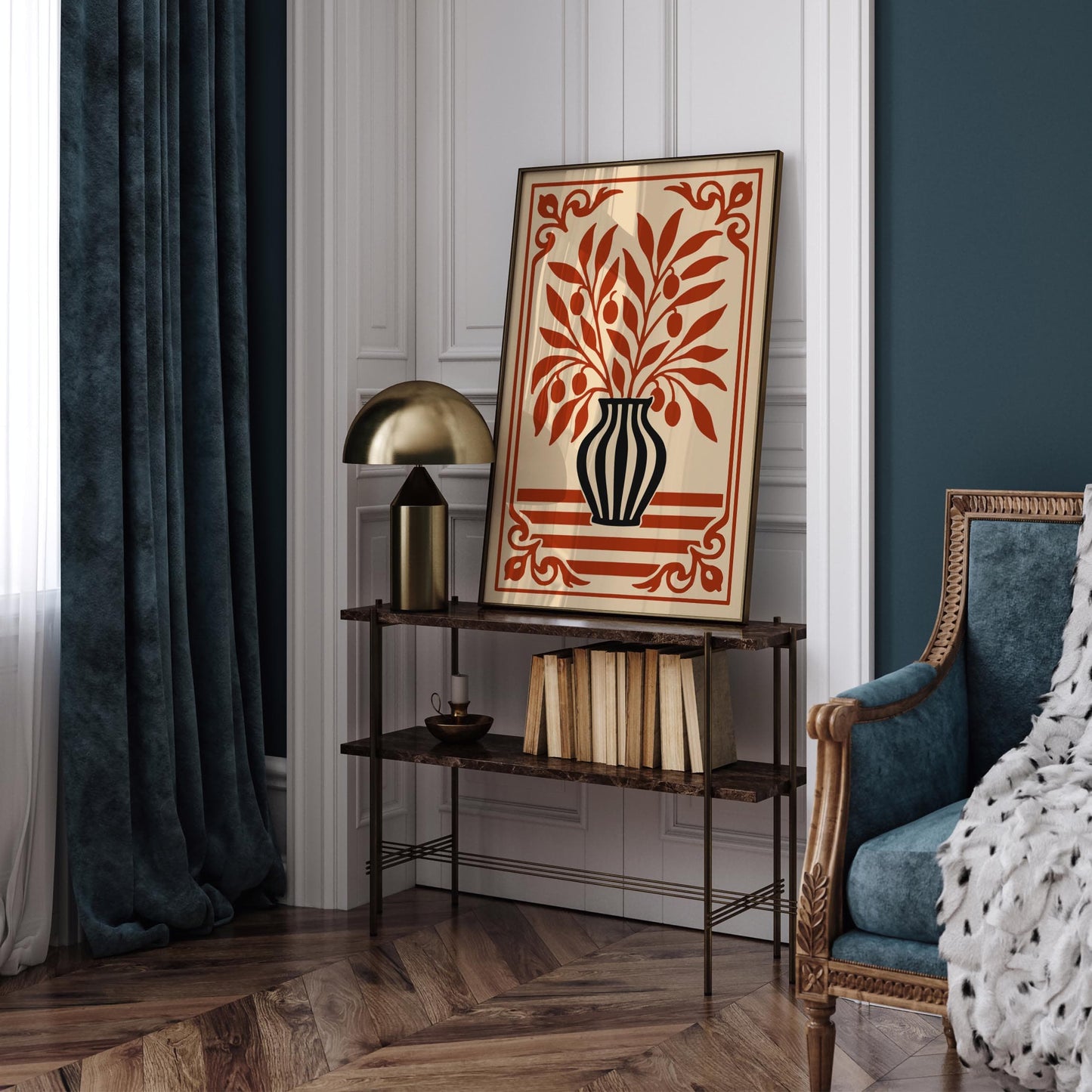 Abstract Botanical Print - Rococo Red Black Art