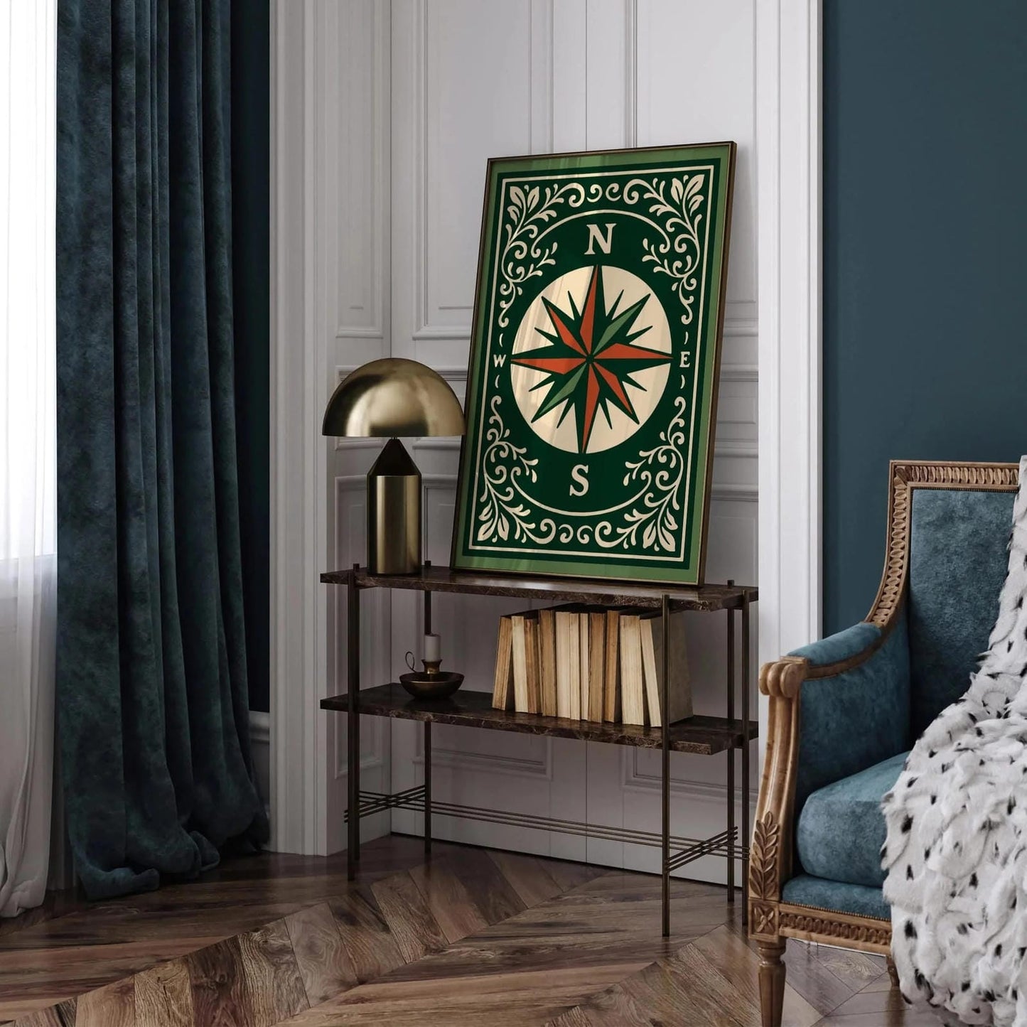 Compass Rose Wall Art Print, Green Wall Art Poster