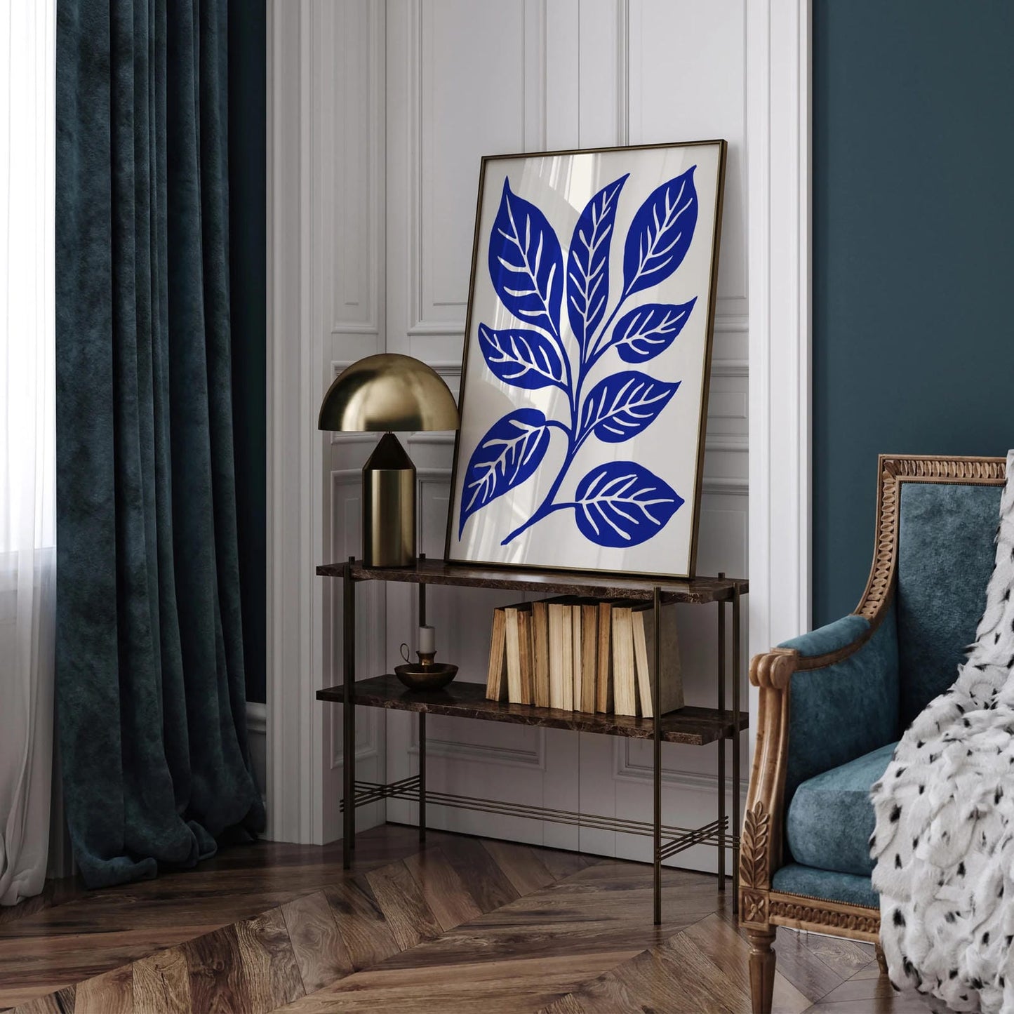 Blue Leaf Minimalist Bathroom Art Print