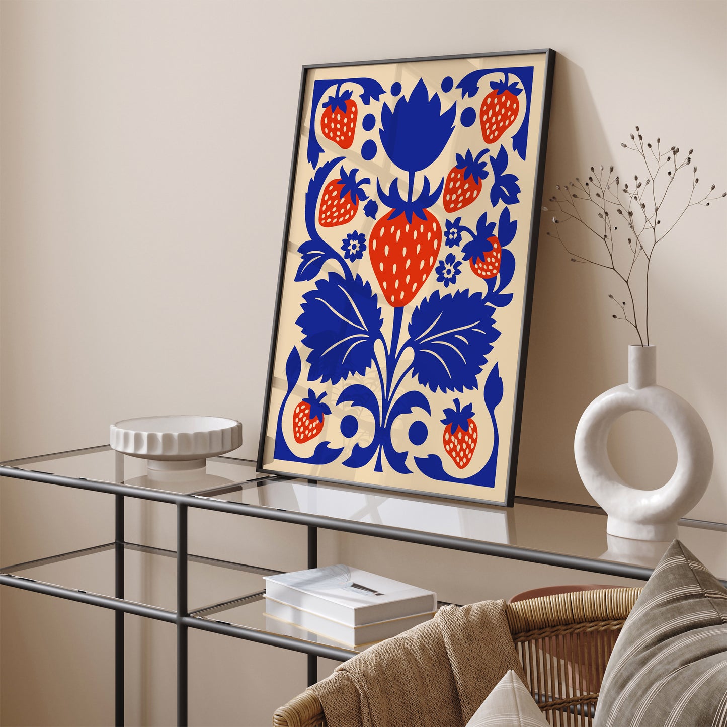 Blue and Red Strawberry Abstract Rococo Art Print