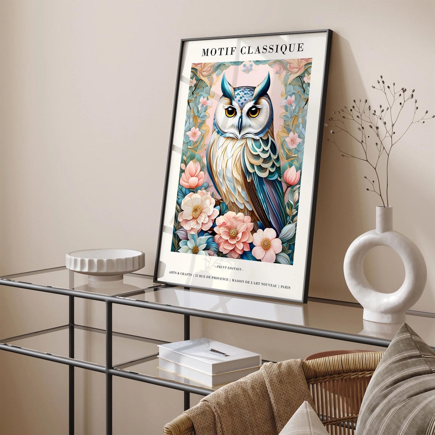 Elegant French Motif Owl & Floral Art Print