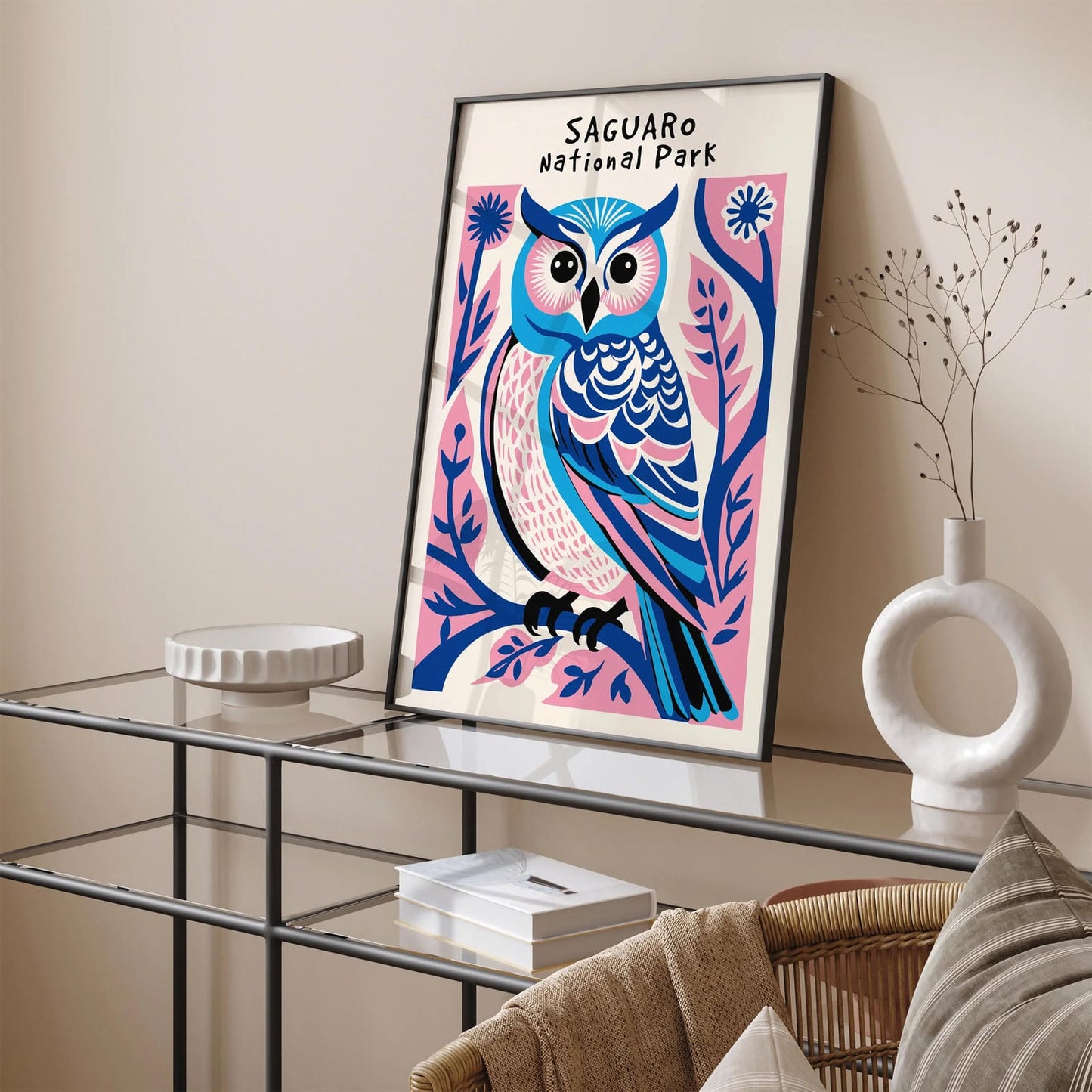 Saguaro National Park Pink Blue Owl Art Print