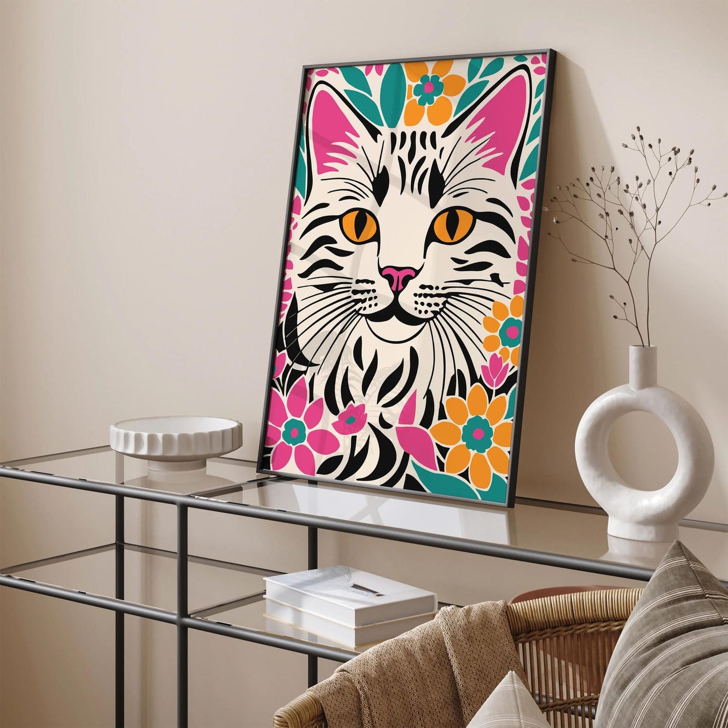 Cat in Flowers Illustration Kids Room Decor