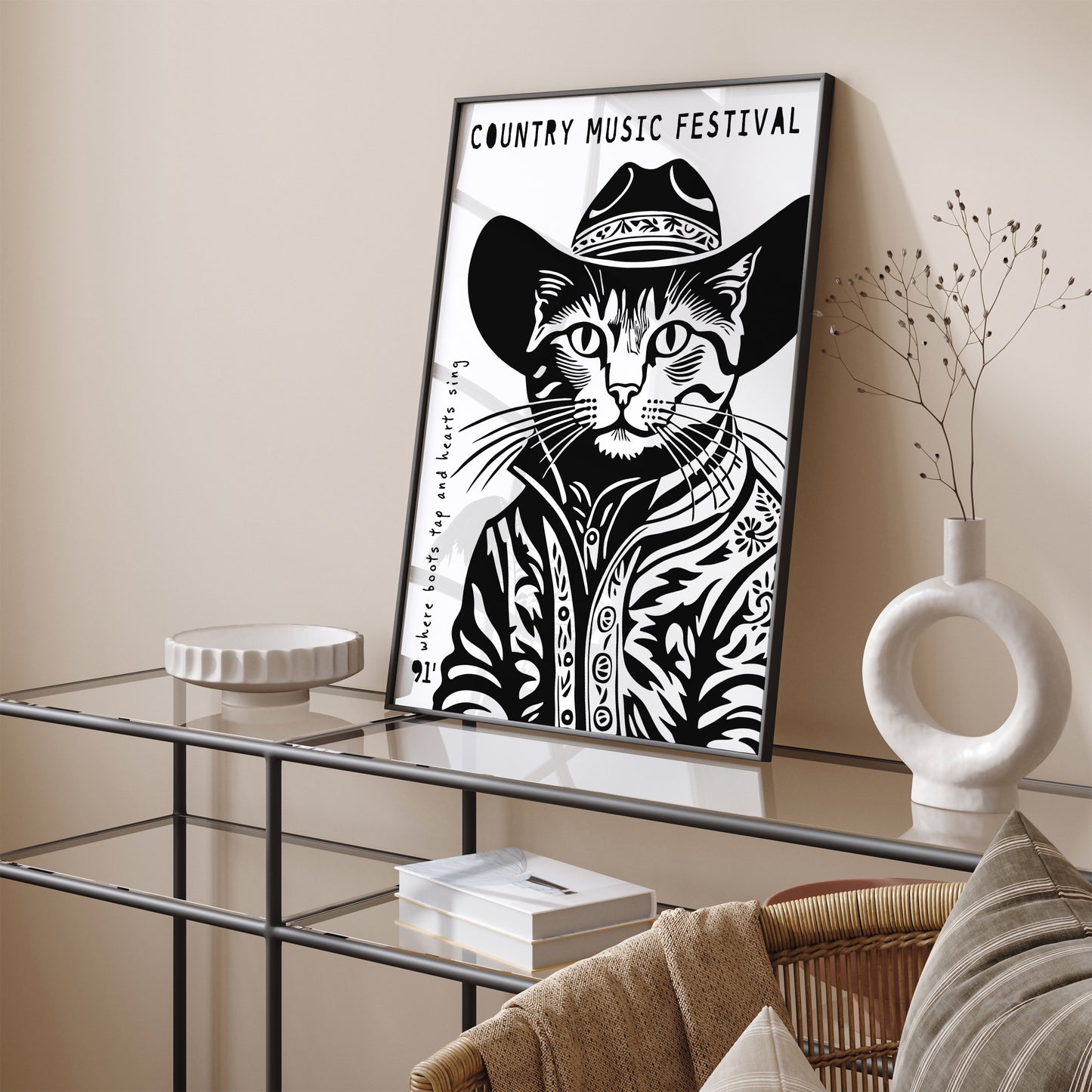 Country Music Festival BW Cat Poster