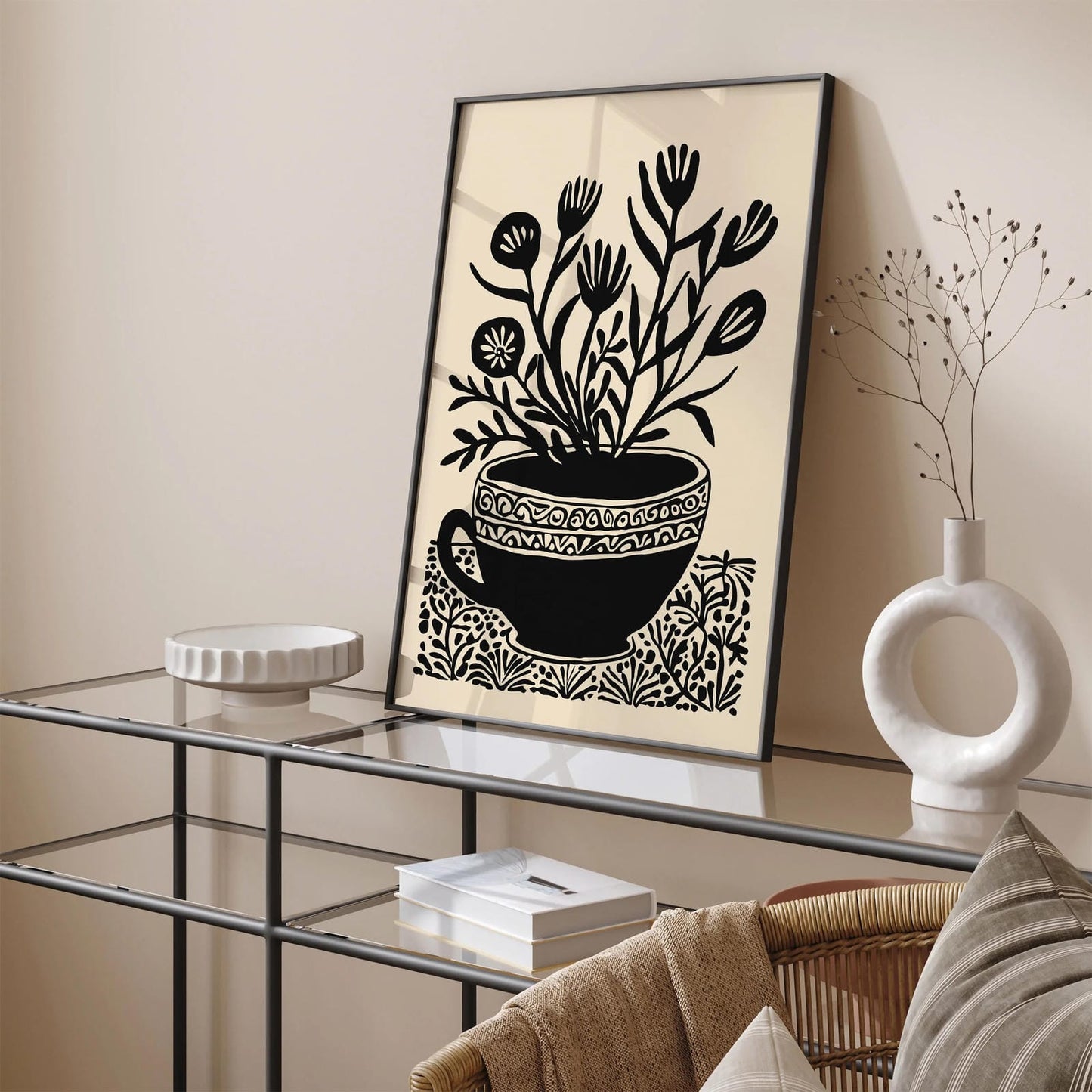 Black Ink Flowers Retro Art Print
