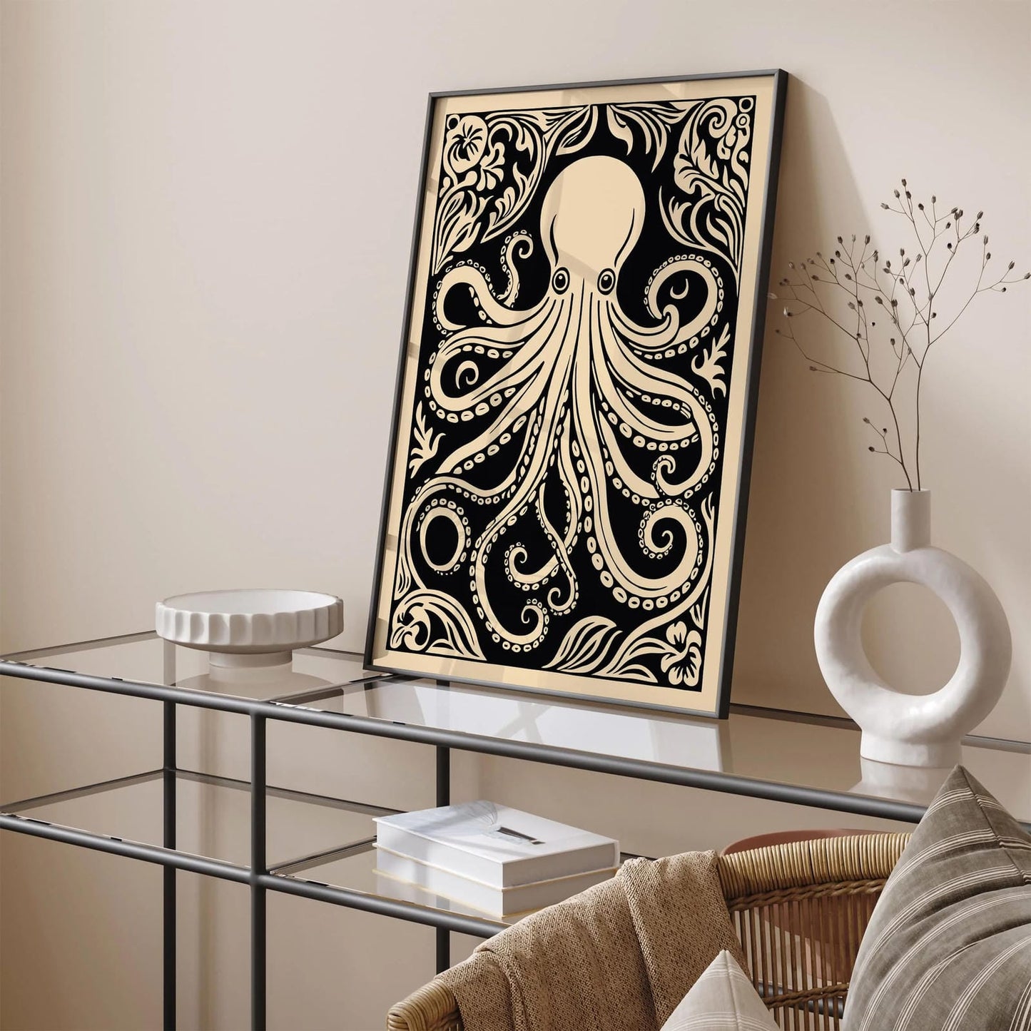 Octopus Rococo Style Black Animal Art Print