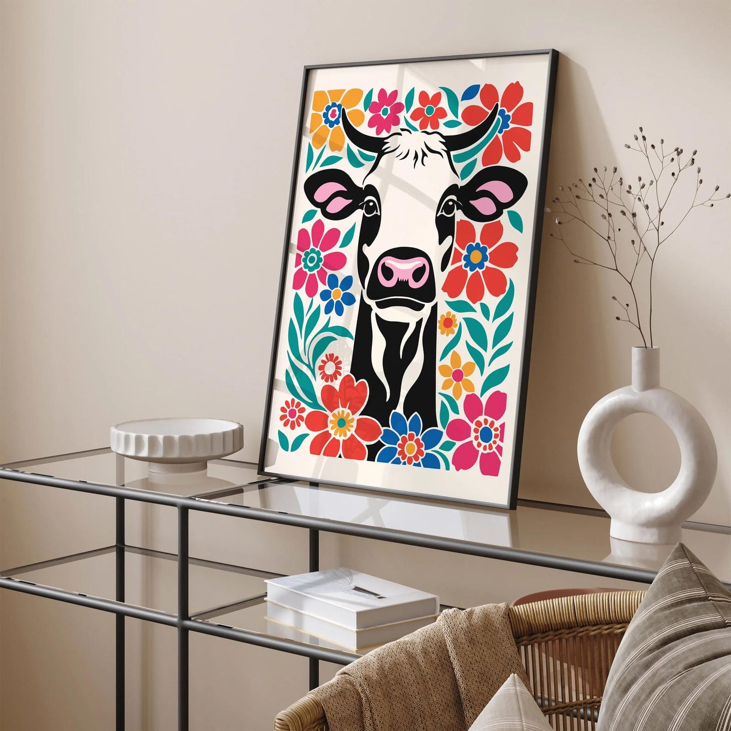 Cute Cow in Flowers Art Print