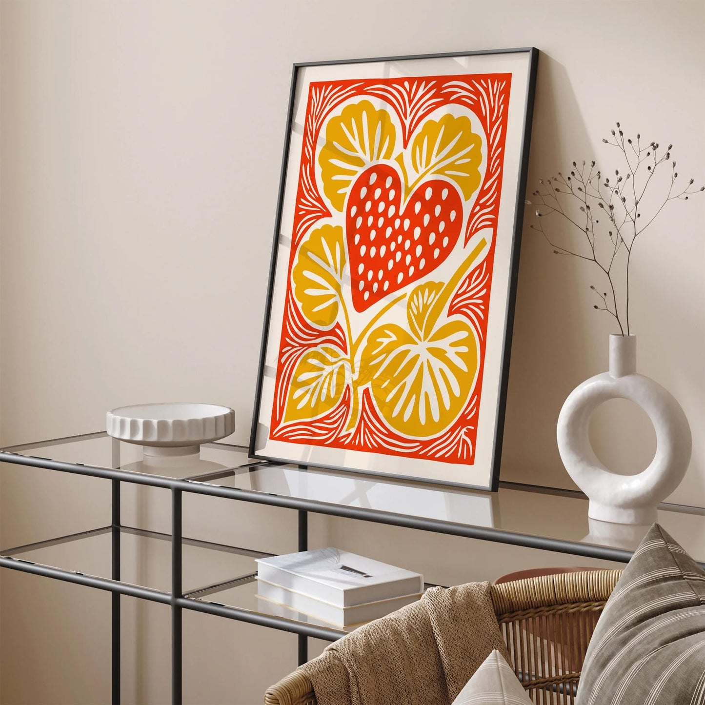 Retro Strawberry Wall Art - Yellow Vintage Fruit