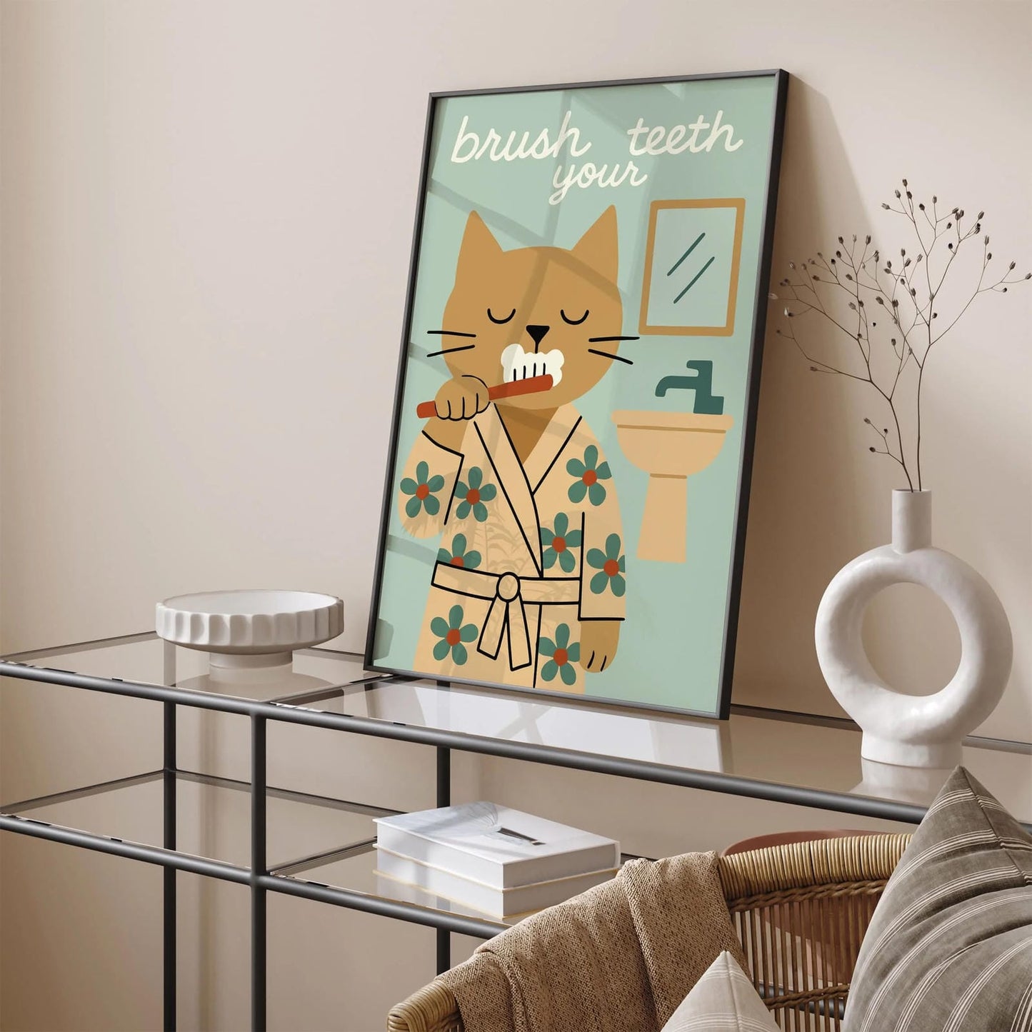 Brush Your Teeth Poster - Funny Cat Bathroom Poster