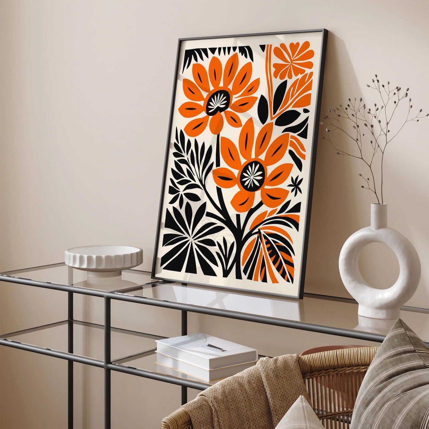Orange Flowers in Linocut Style Art Print