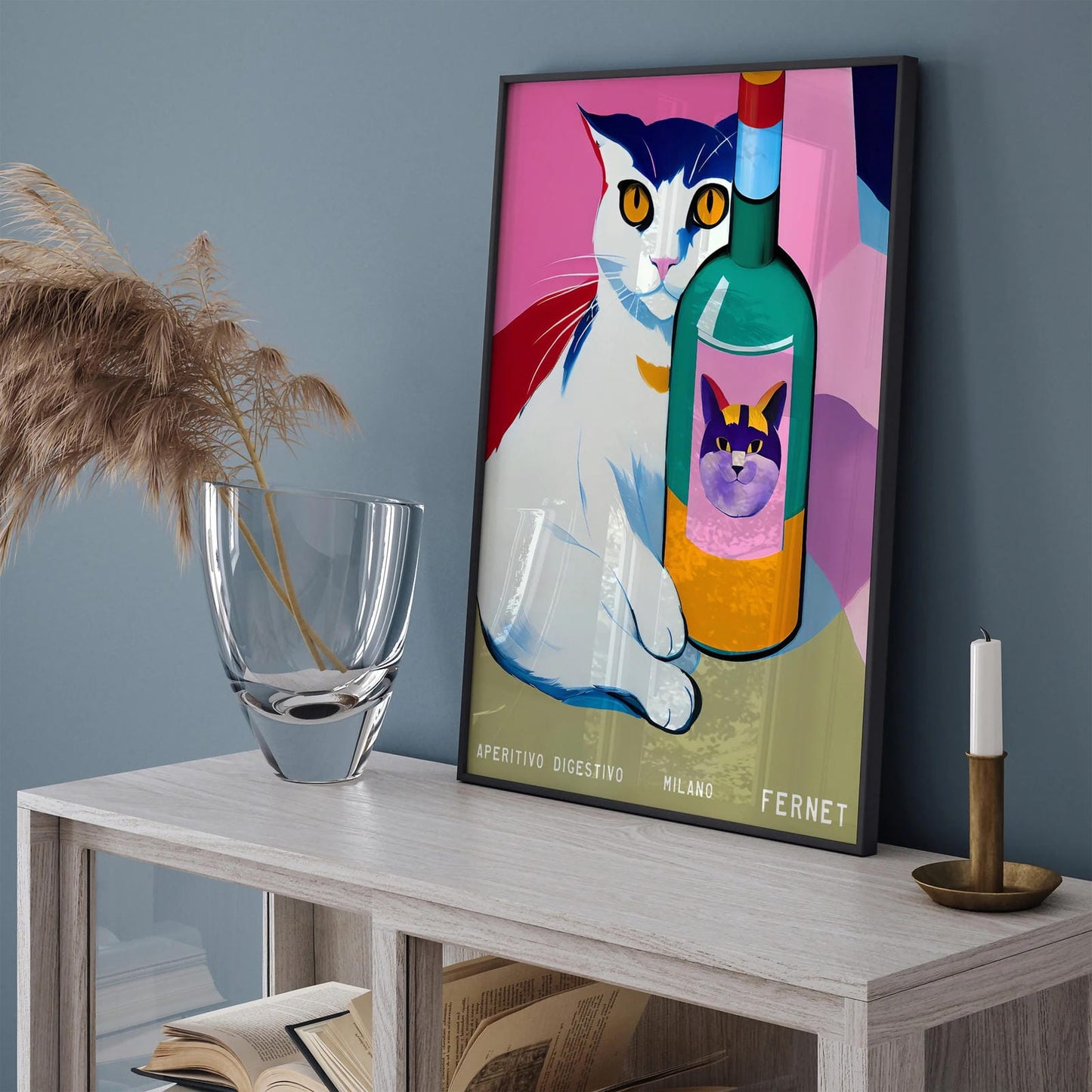 Fernet Milano Retro Wine Cat Poster
