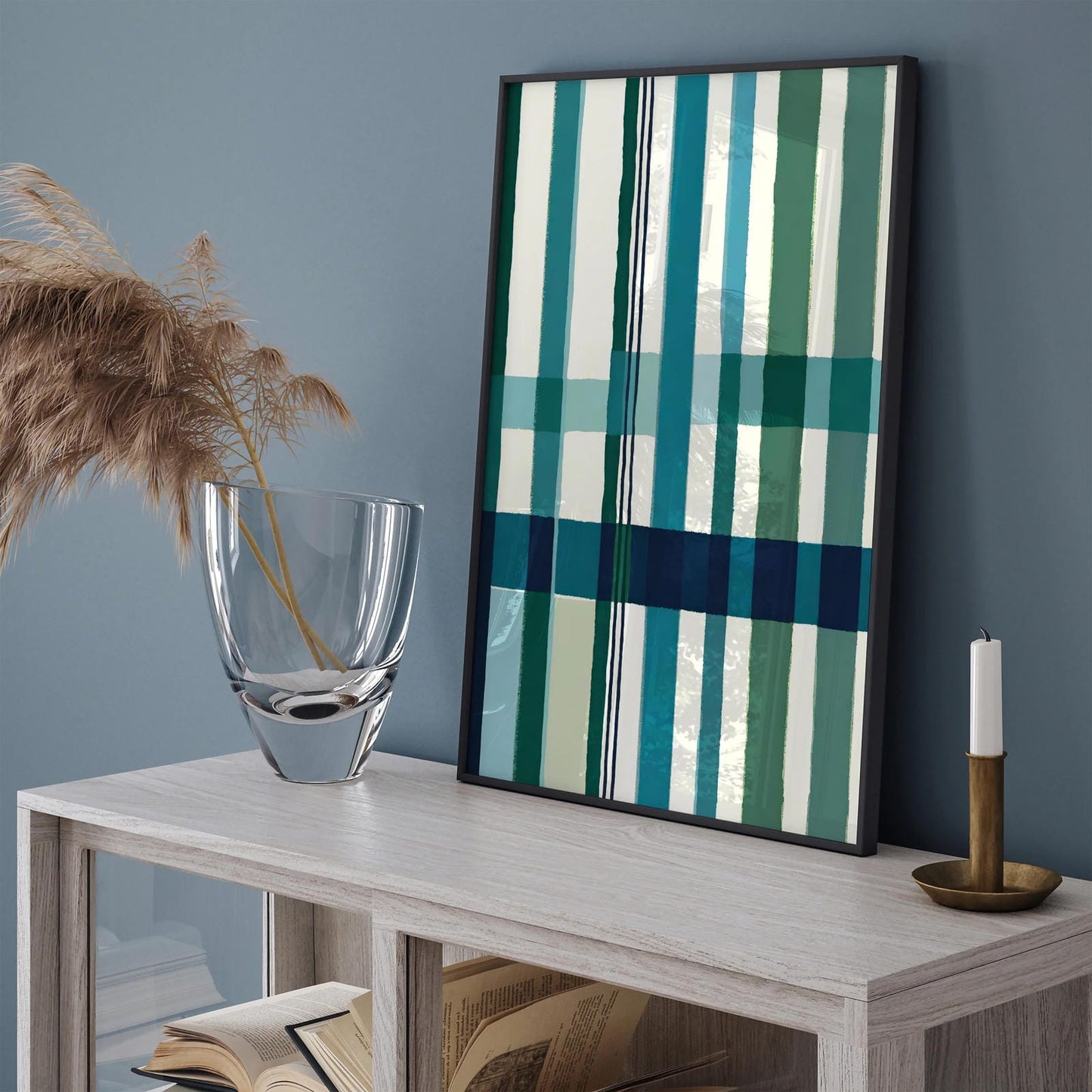 Blue Checkered Abstract Art Print for Bathroom Decor