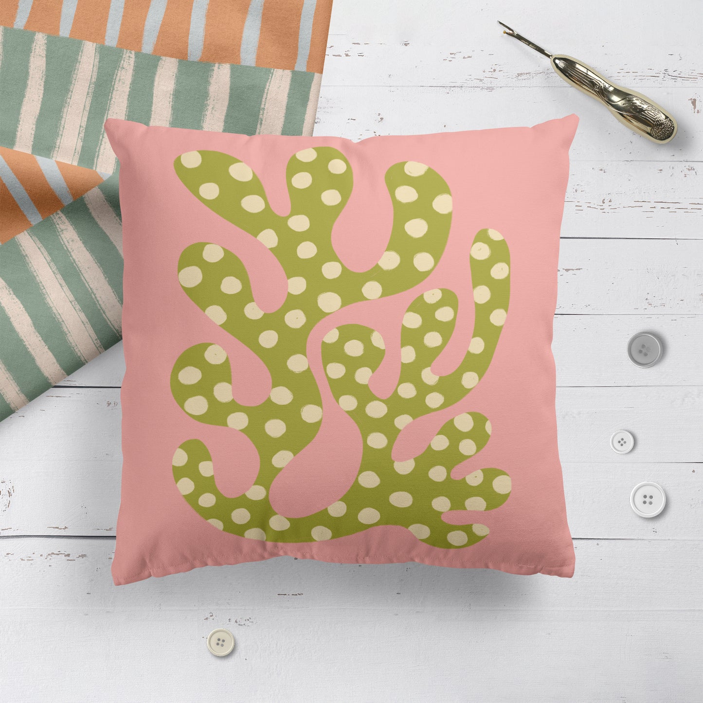 Pink Abstract Green Leaf Shapes Throw Pillow