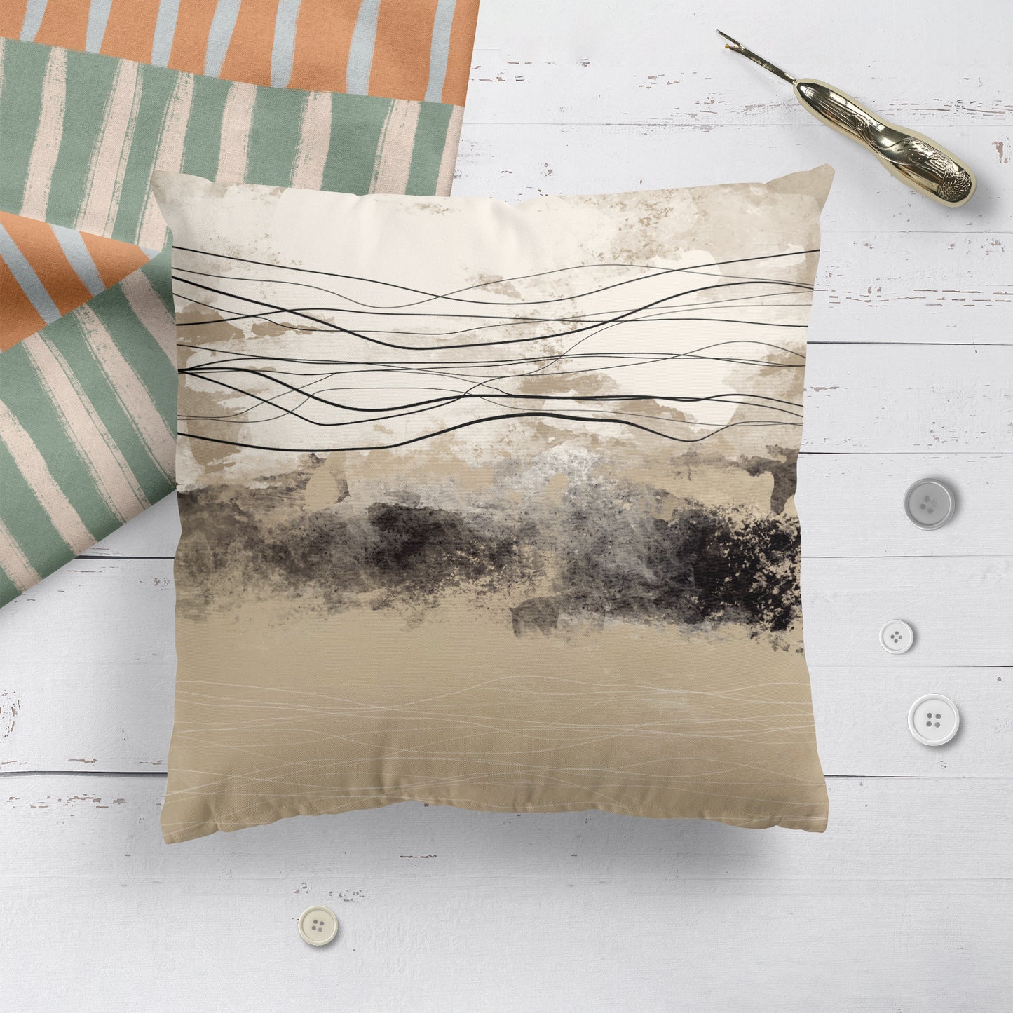 Throw Pillow with Modern Abstract Beige Art