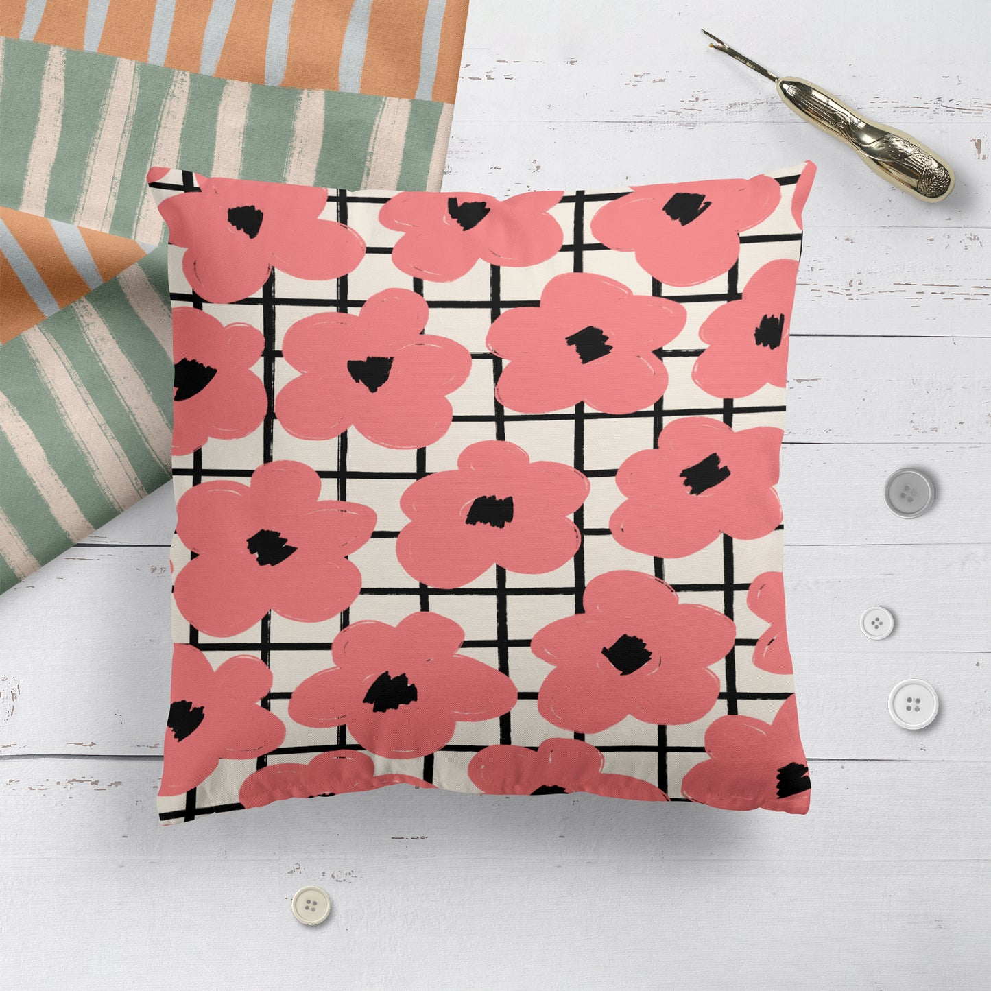 Pink Floral Retro Pattern 50s 60s Throw Pillow