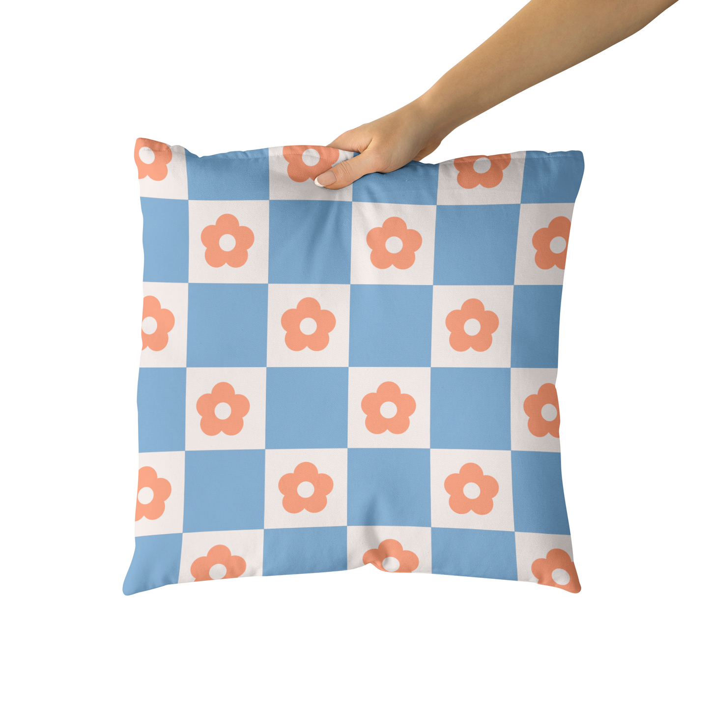 Blue Checkboard with Flowers Retro Throw Pillow
