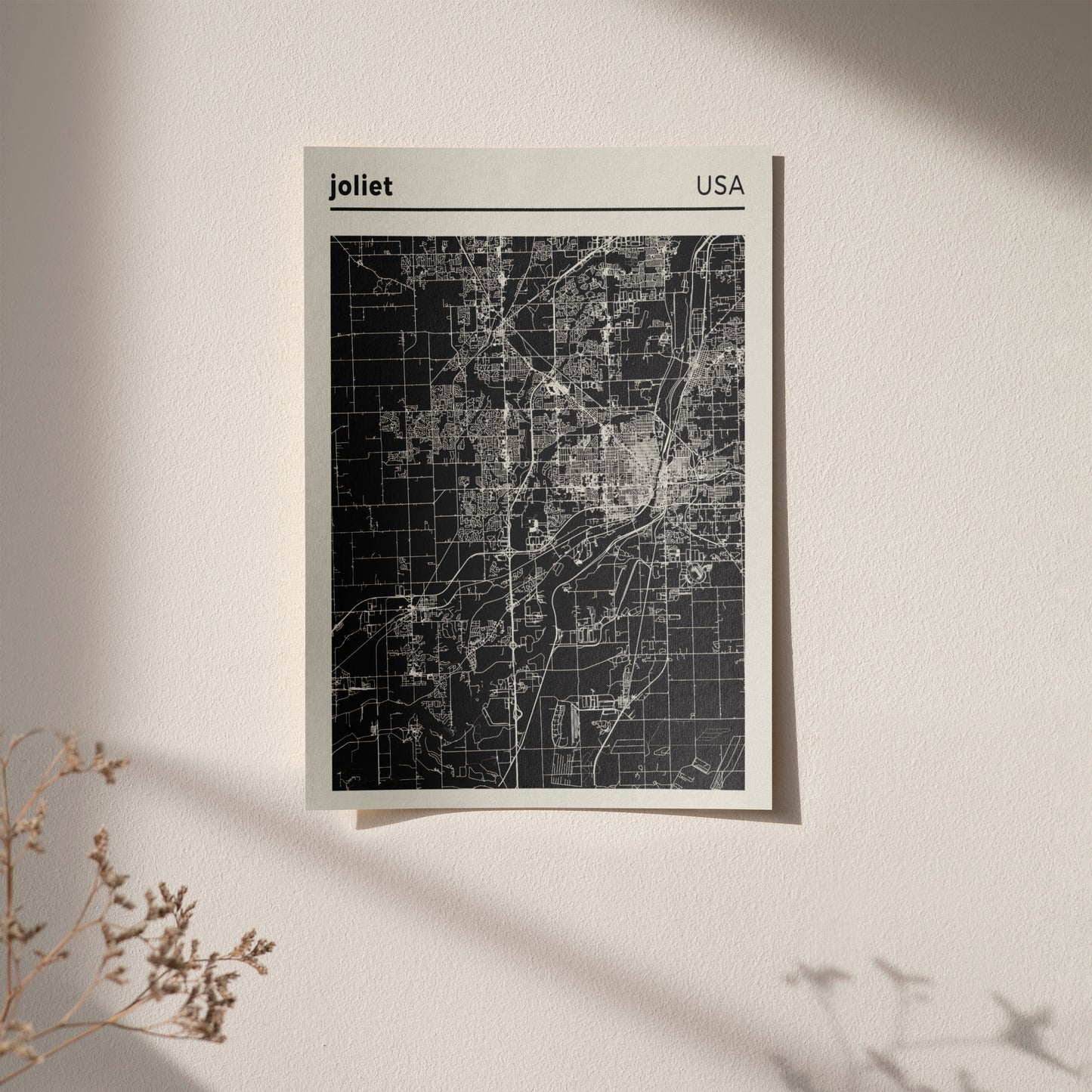 Joliet, USA black and white city map poster