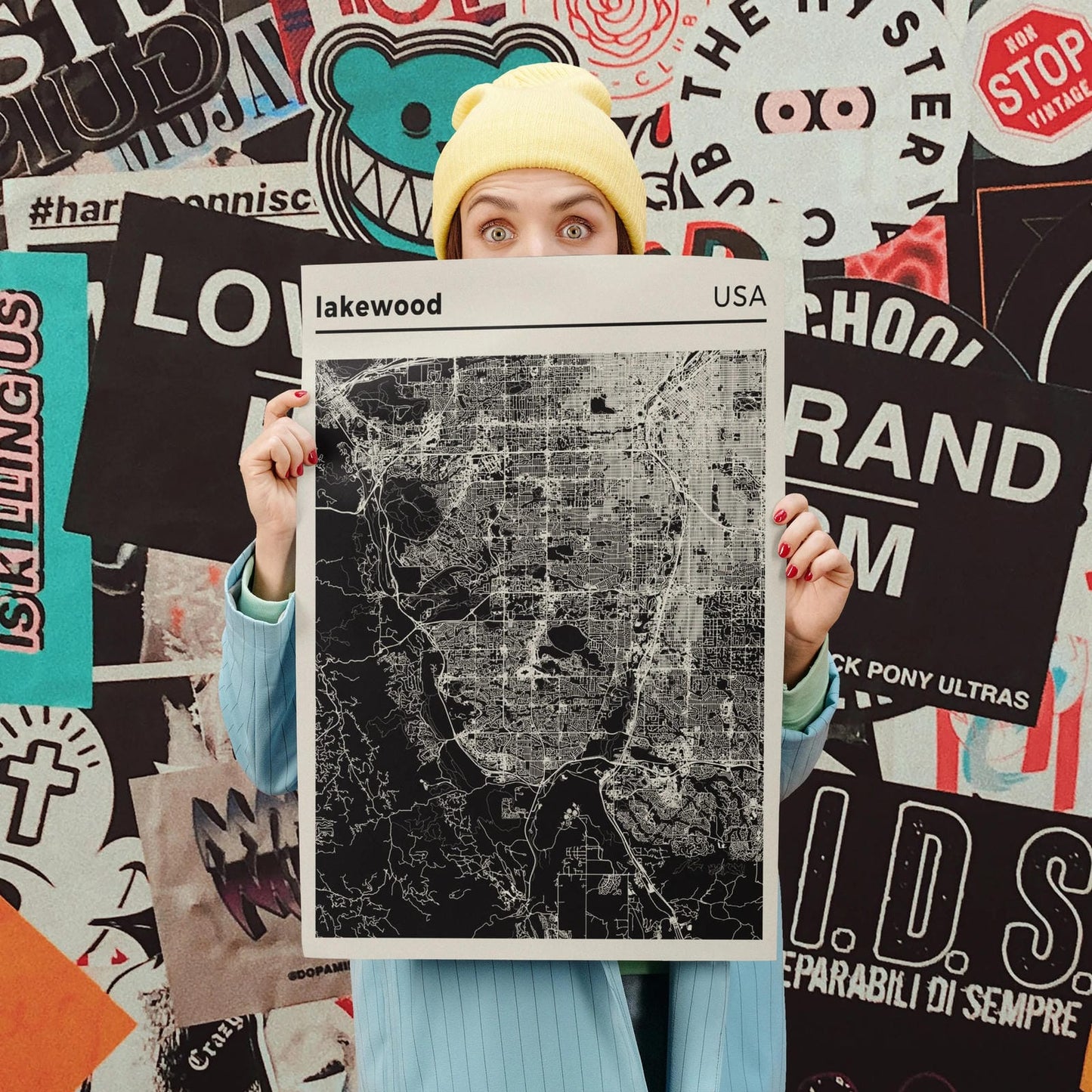Lakewood, USA - black and white city map poster