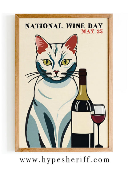 National Wine Day Vintage Cat Poster