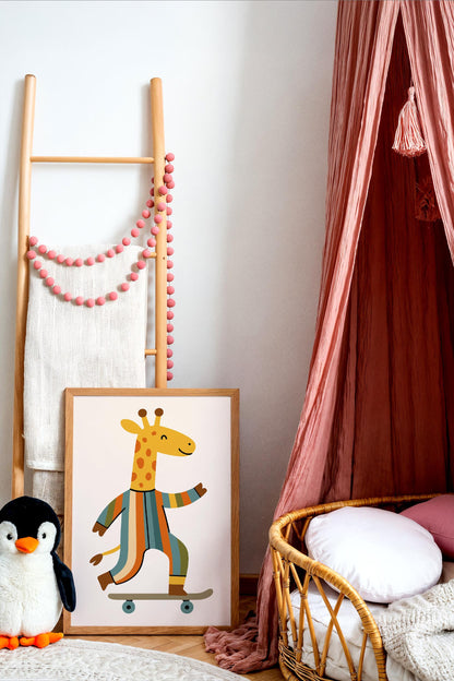 Whimsical Giraffe on Skateboard Poster - Kids Room Wall Art
