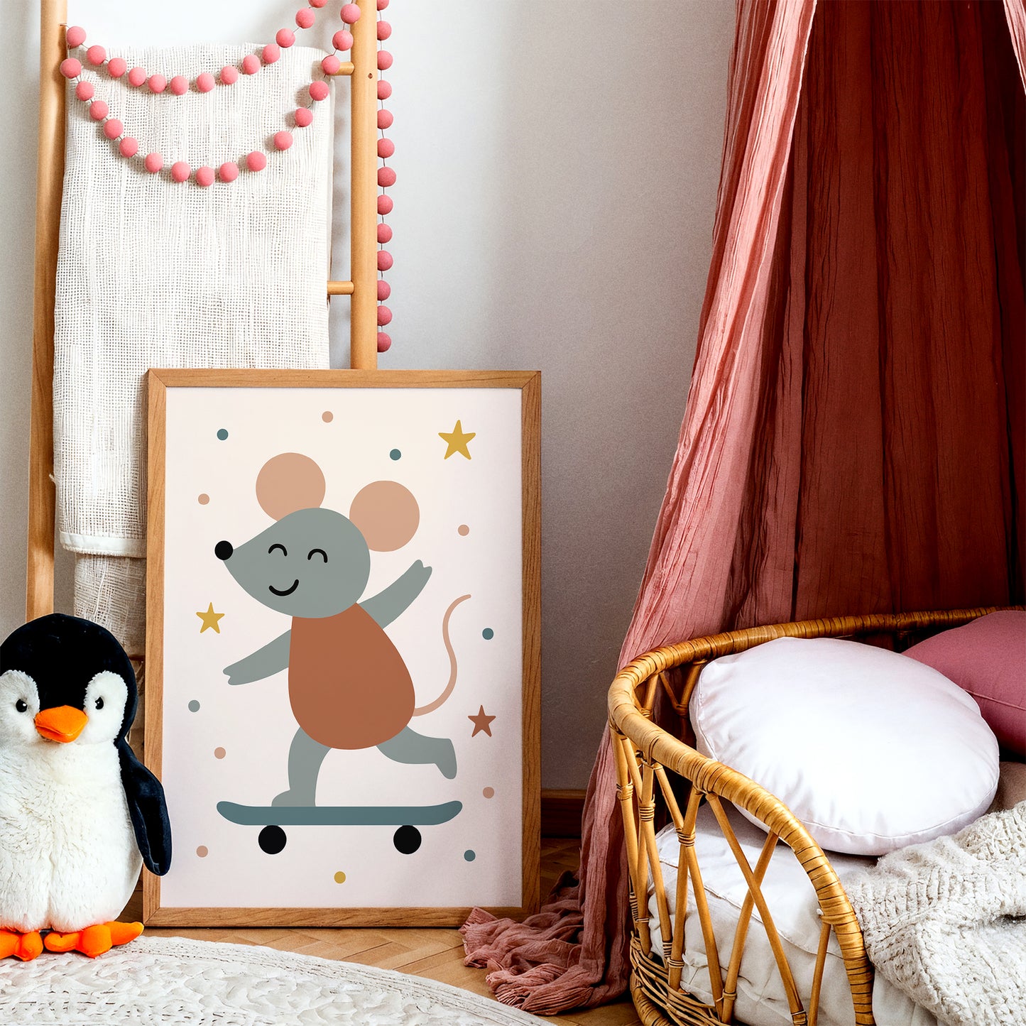 Cute Mouse Skateboarding Art Print – Kids Room Decor
