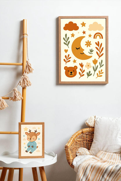 Boho Bear & Moon Poster – Floral Wall Art