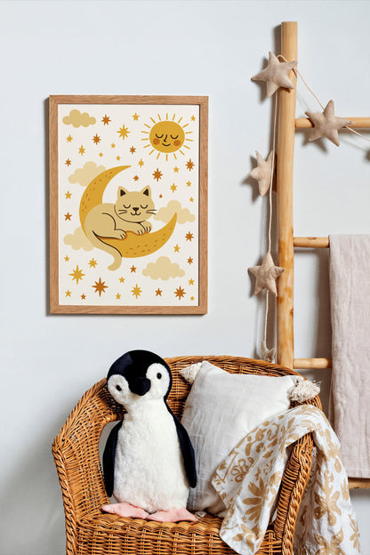 Sleeping Cat on the Moon Poster - Kids Room Wall Art