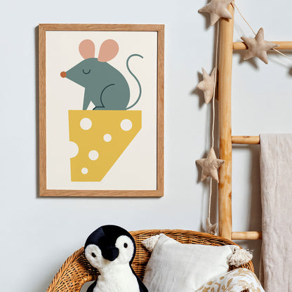 Little Mouse on Cheese – Whimsical Animal Art Print for Kids