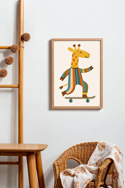 Whimsical Giraffe on Skateboard Poster - Kids Room Wall Art