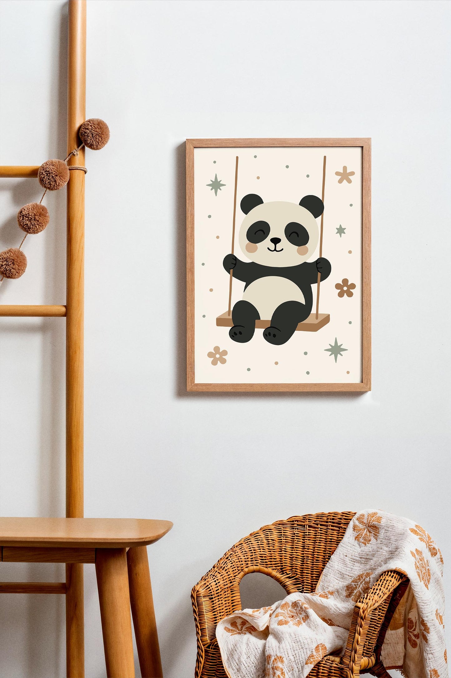Panda on Swing Print - Cute Kids Wall Art
